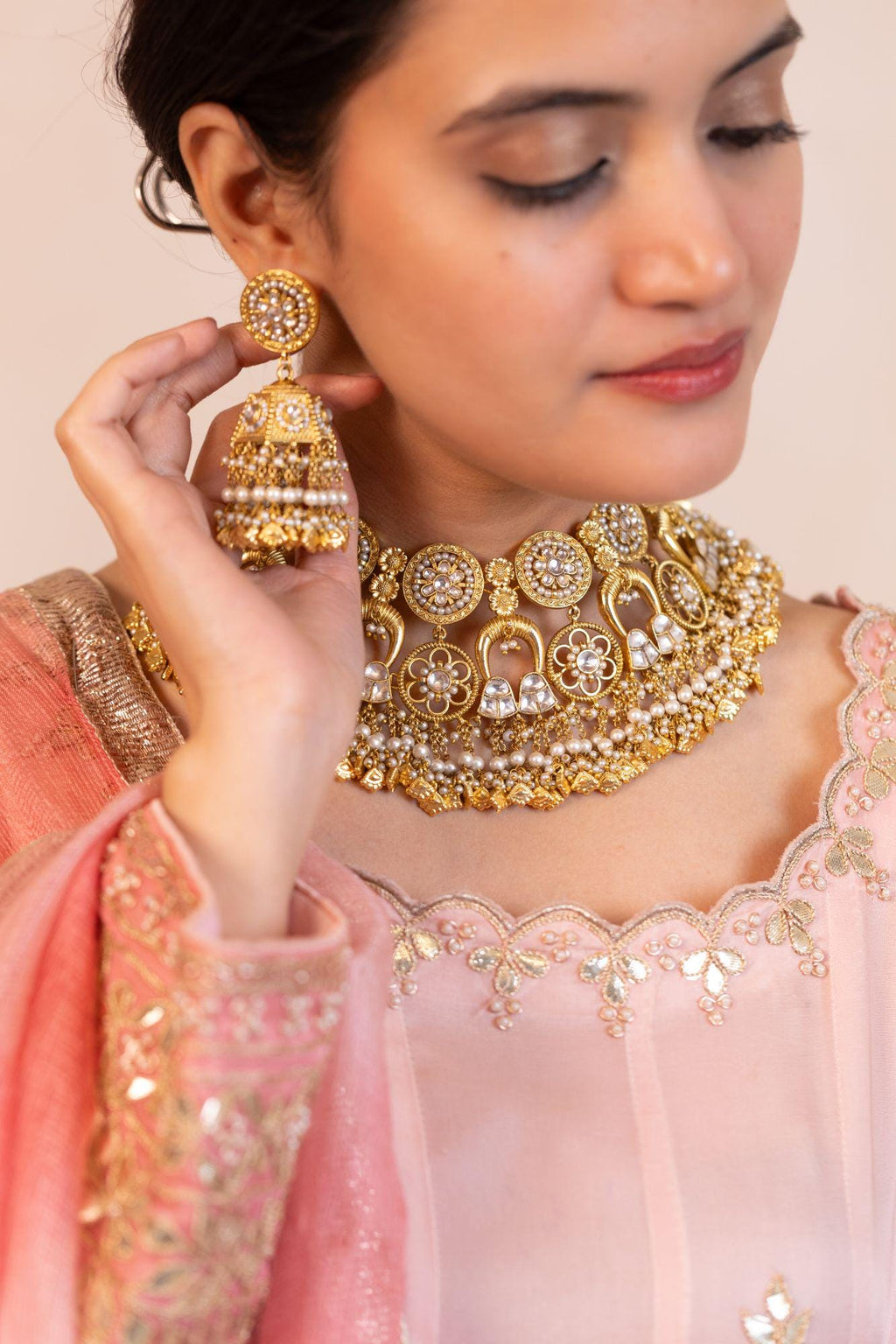 Antique Gold Indian Choker Set | Guttapusalu Pearl Bib Necklace, Jhumkas