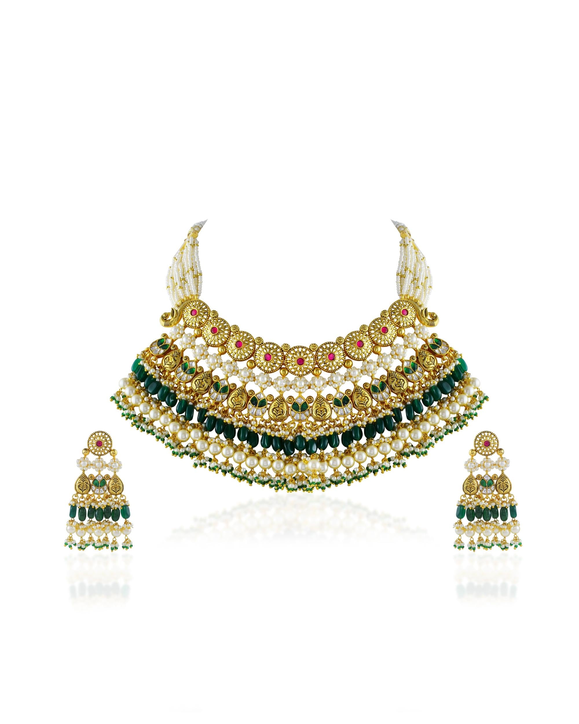 South Indian Collar Choker Set | Antique Gold Plated Emerald Bridal Jewelry