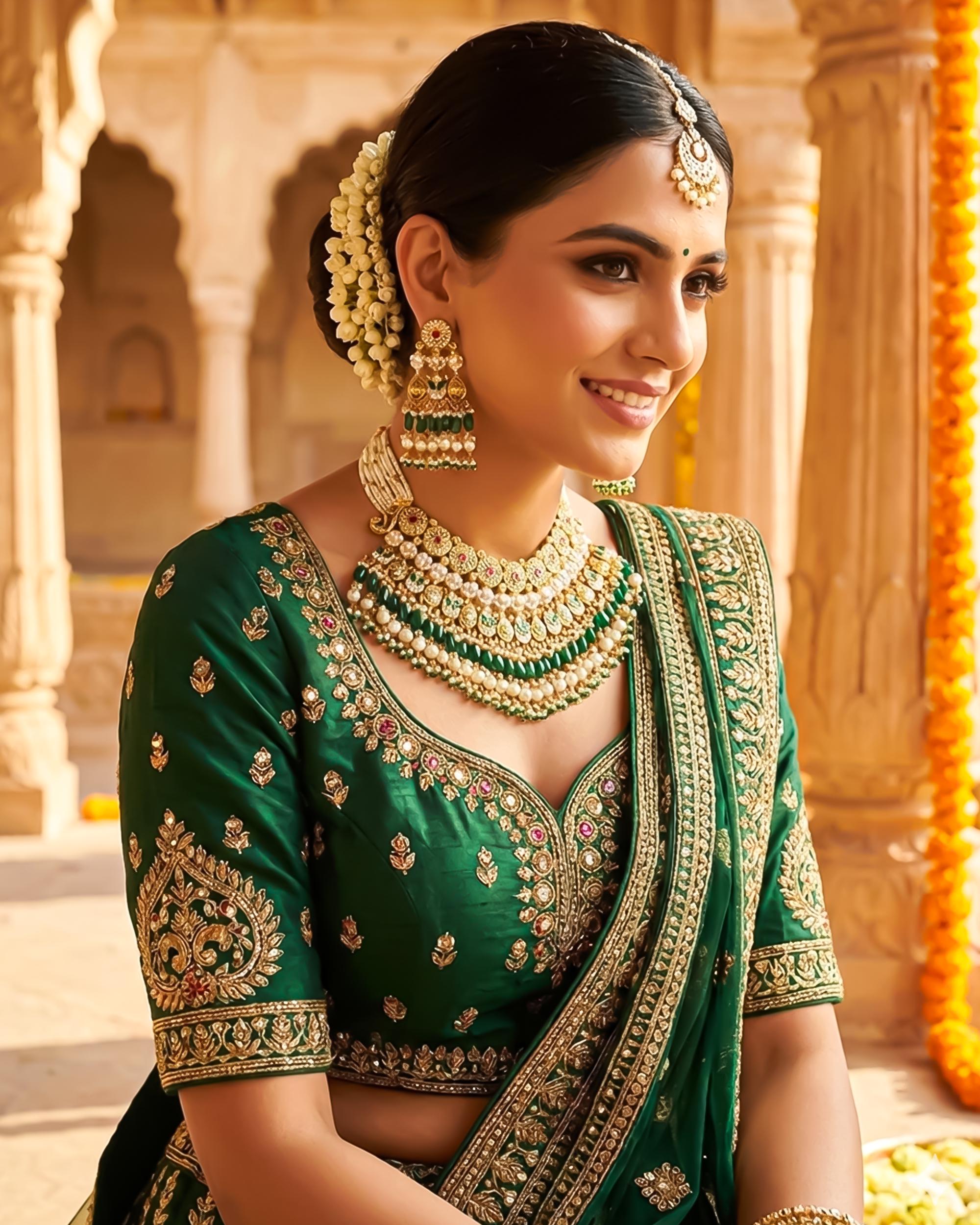 South Indian Collar Choker Set | Antique Gold Plated Emerald Bridal Jewelry