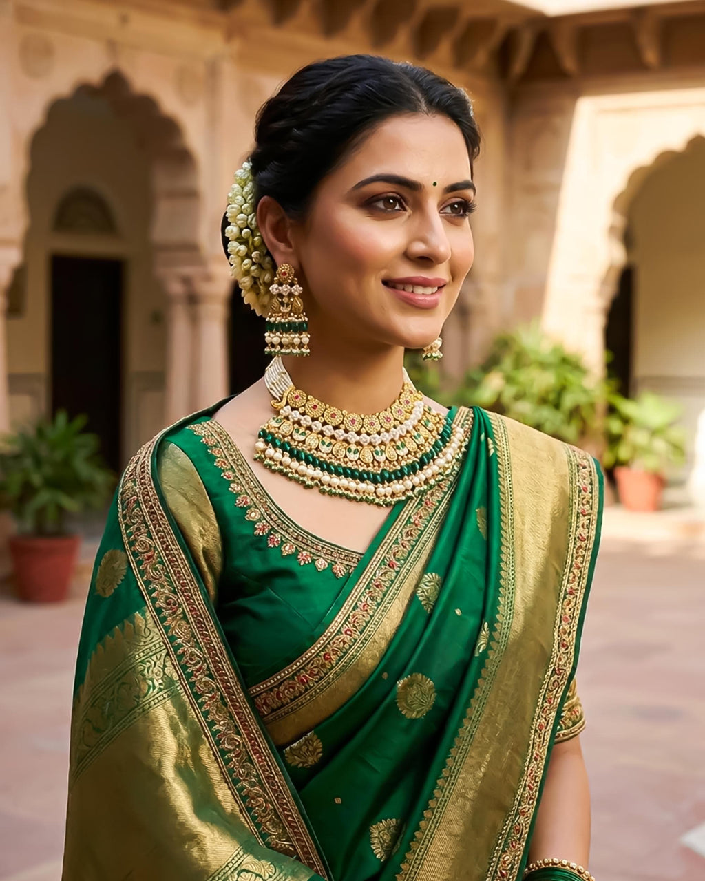 South Indian Collar Choker Set | Antique Gold Plated Emerald Bridal Jewelry