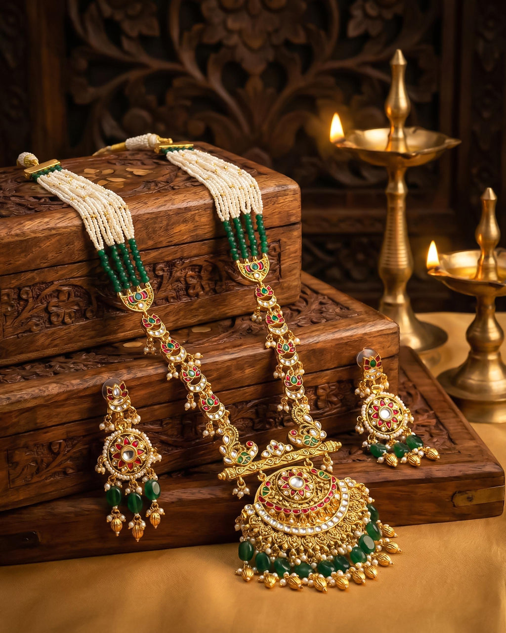 Matte Gold Plated Kundan Meenakari Necklace Set | Royal Rajasthani Chandelier Earrings