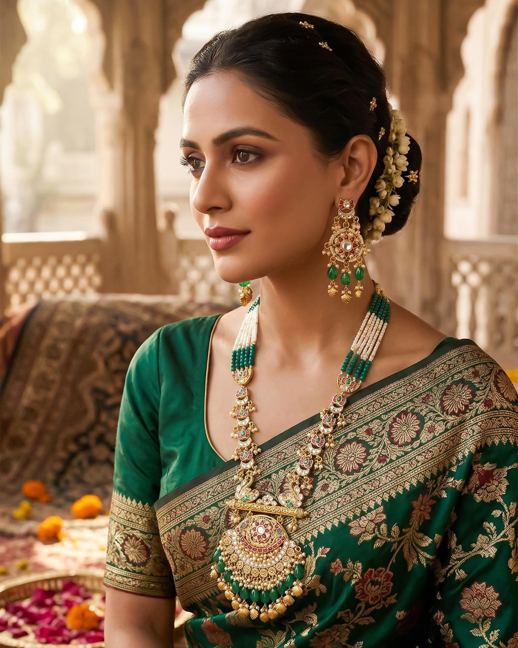 Matte Gold Plated Kundan Meenakari Necklace Set | Royal Rajasthani Chandelier Earrings