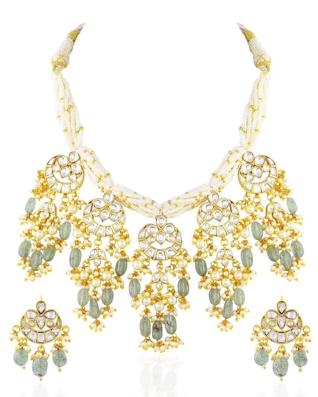 Heritage Multi-Strand Pearl & Pachi Kundan Statement Necklace Set with Sage Green Gemstone Drops