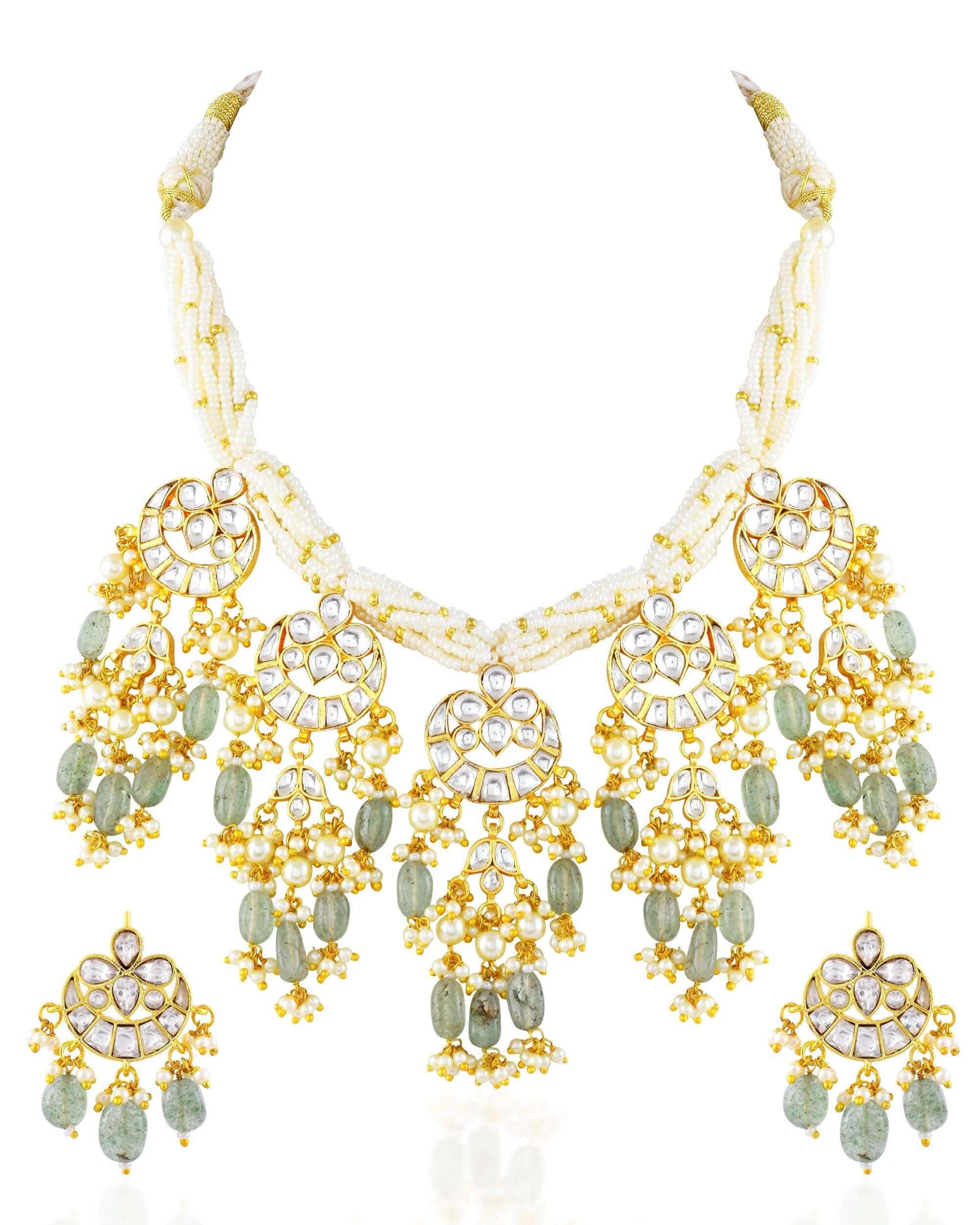 Heritage Multi-Strand Pearl & Pachi Kundan Statement Necklace Set with Sage Green Gemstone Drops