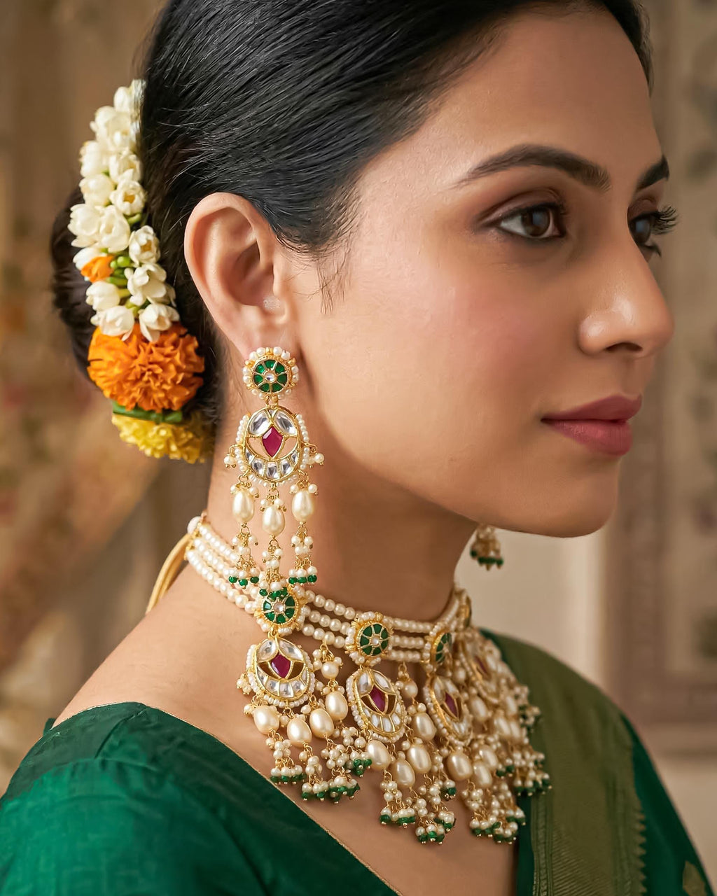 bridal jewelry set Handcrafted Pachi Kundan Bridal Choker Set with Ruby Pink, Emerald Green Pearls