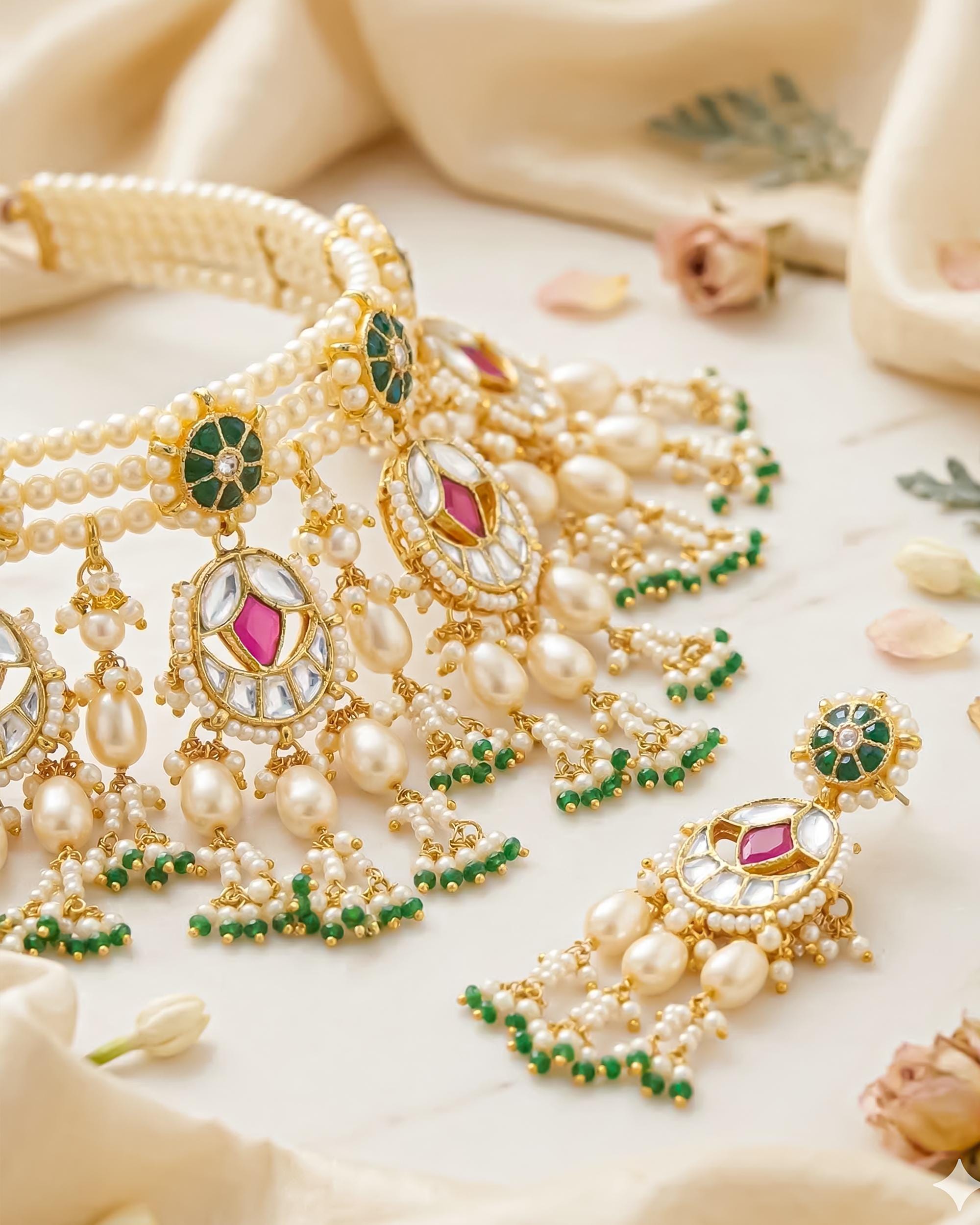 bridal jewelry set Handcrafted Pachi Kundan Bridal Choker Set with Ruby Pink, Emerald Green Pearls