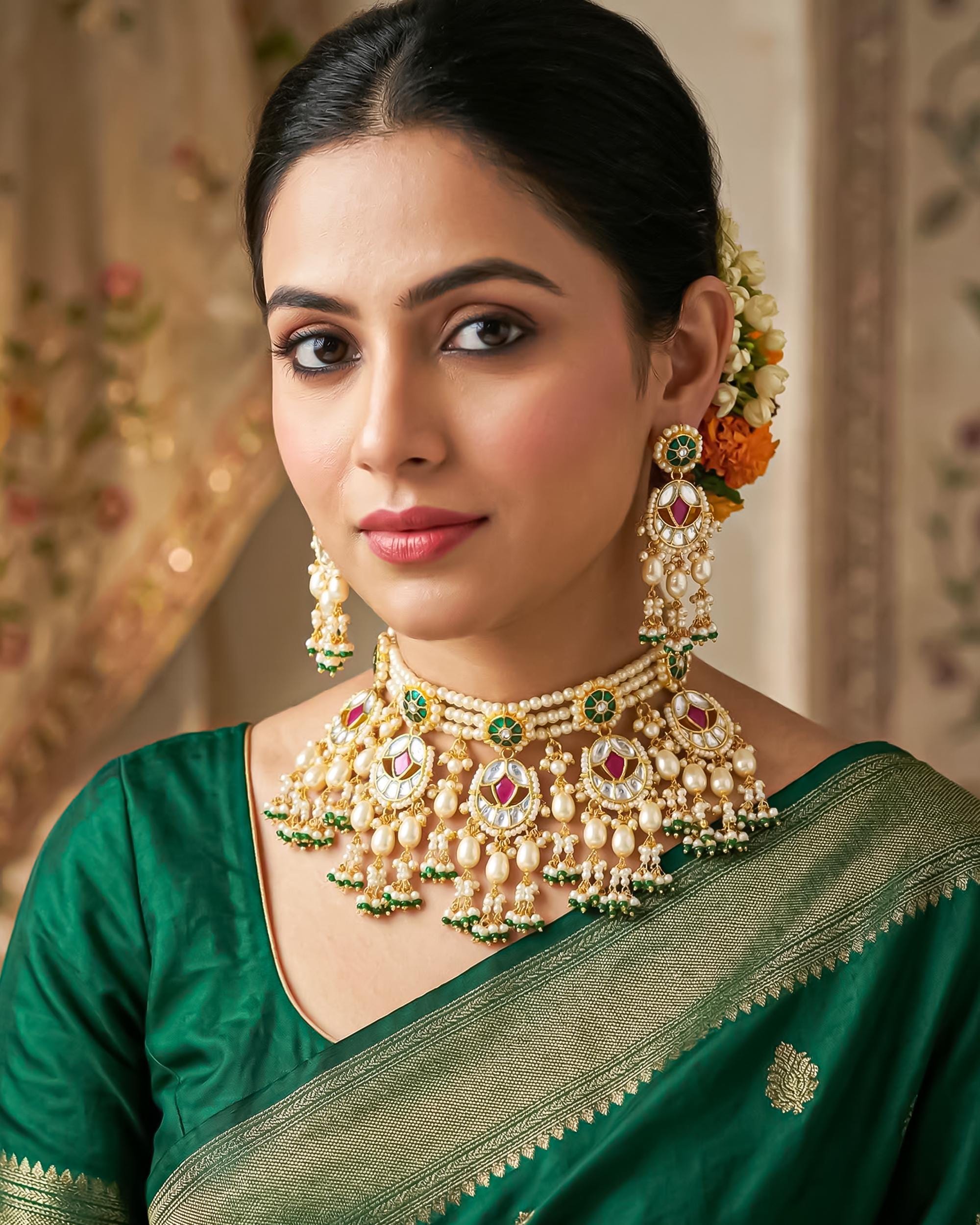 bridal jewelry set Handcrafted Pachi Kundan Bridal Choker Set with Ruby Pink, Emerald Green Pearls