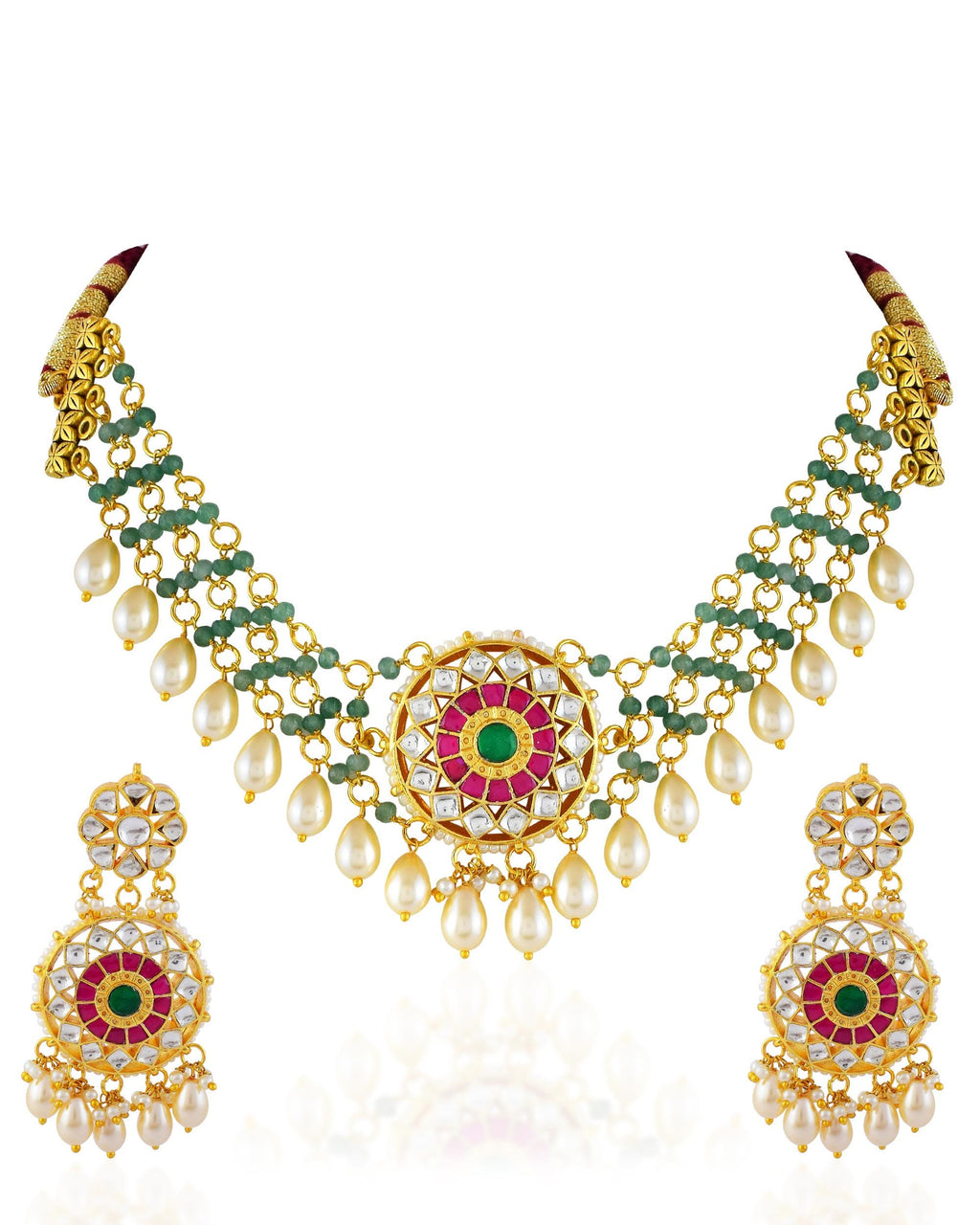 Jadau-Inspired Mandala Choker Set: Pastel Green Beads, Pearl Dangle Earrings, Bride