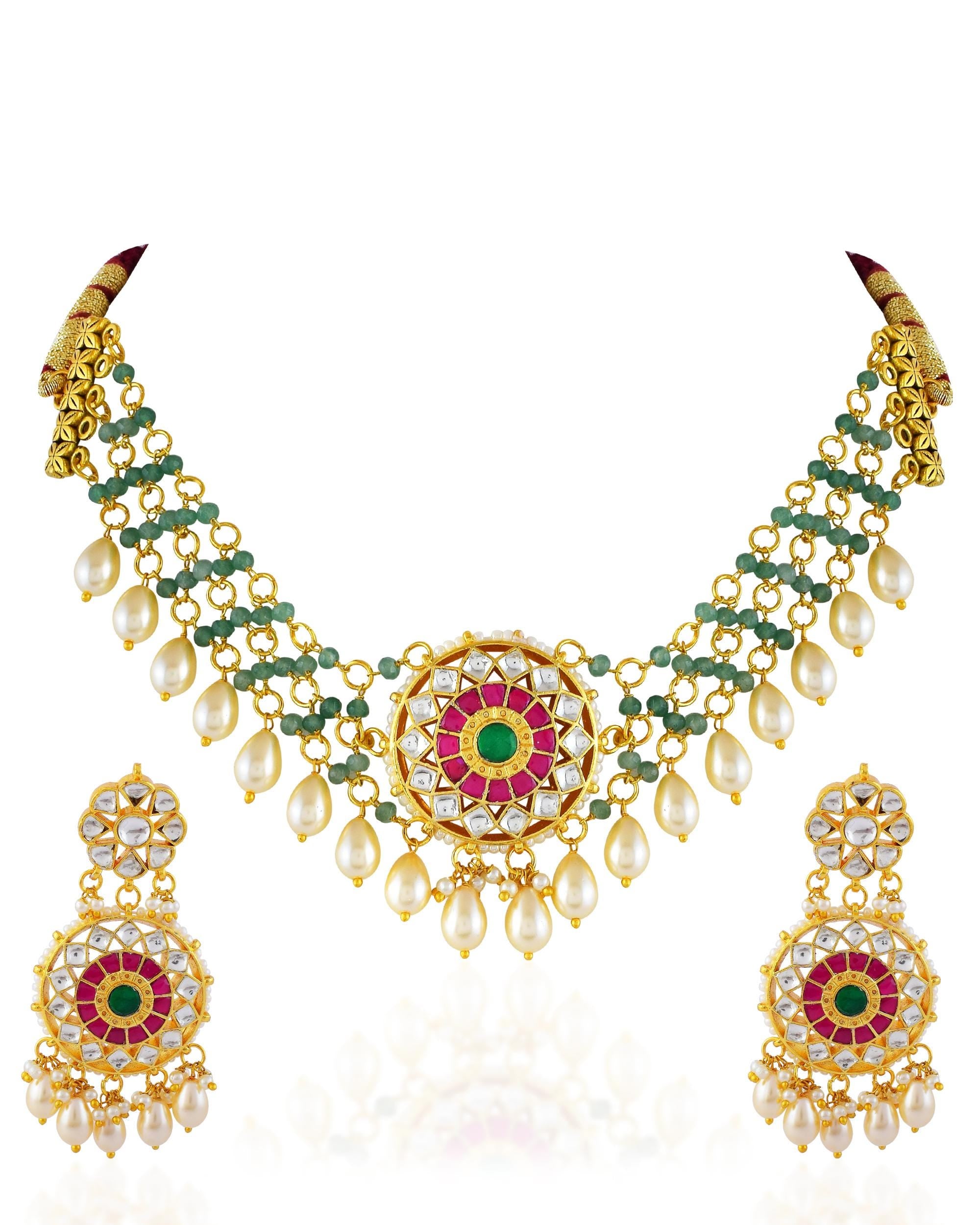 Jadau-Inspired Mandala Choker Set: Pastel Green Beads, Pearl Dangle Earrings, Bride