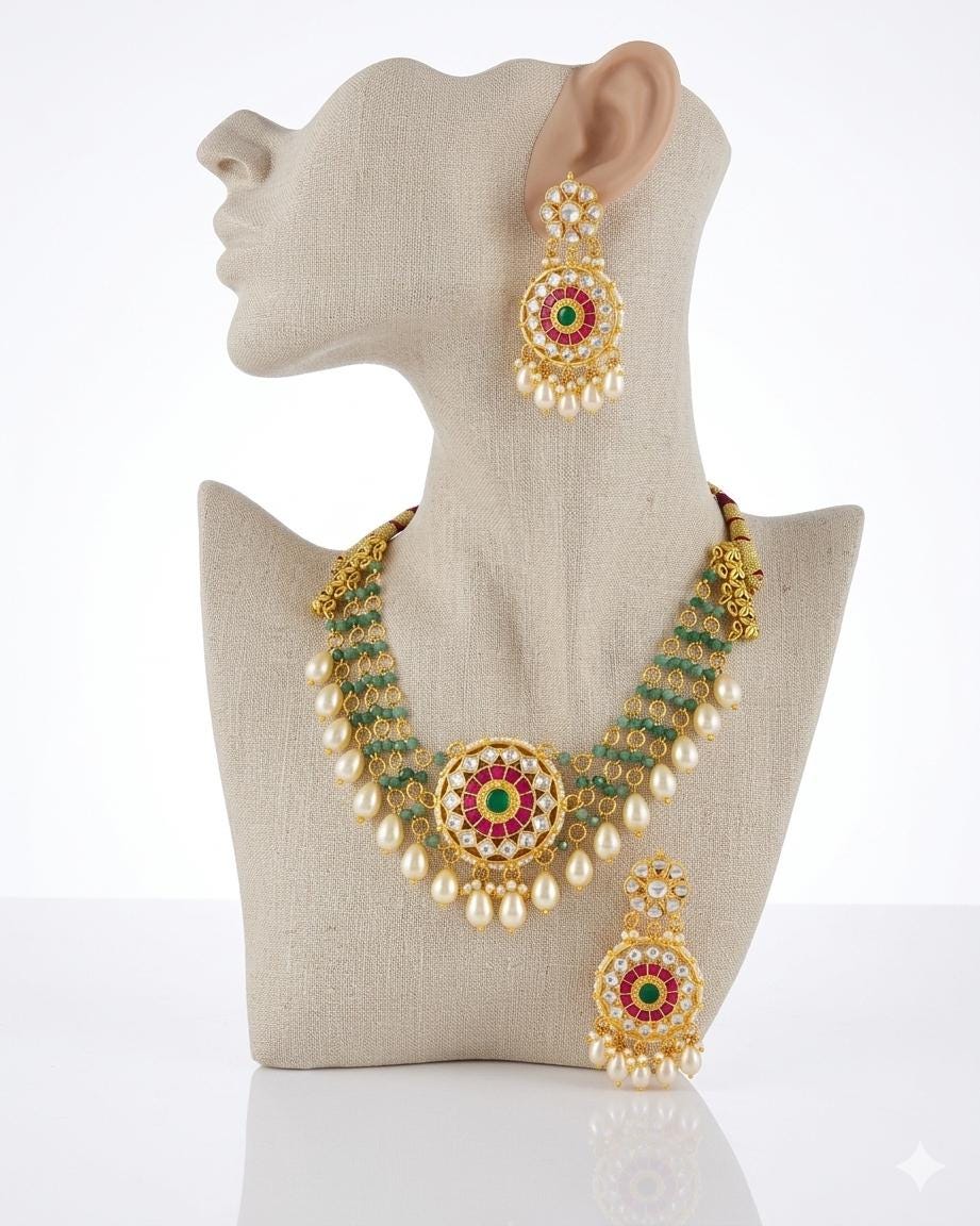 Jadau-Inspired Mandala Choker Set: Pastel Green Beads, Pearl Dangle Earrings, Bride