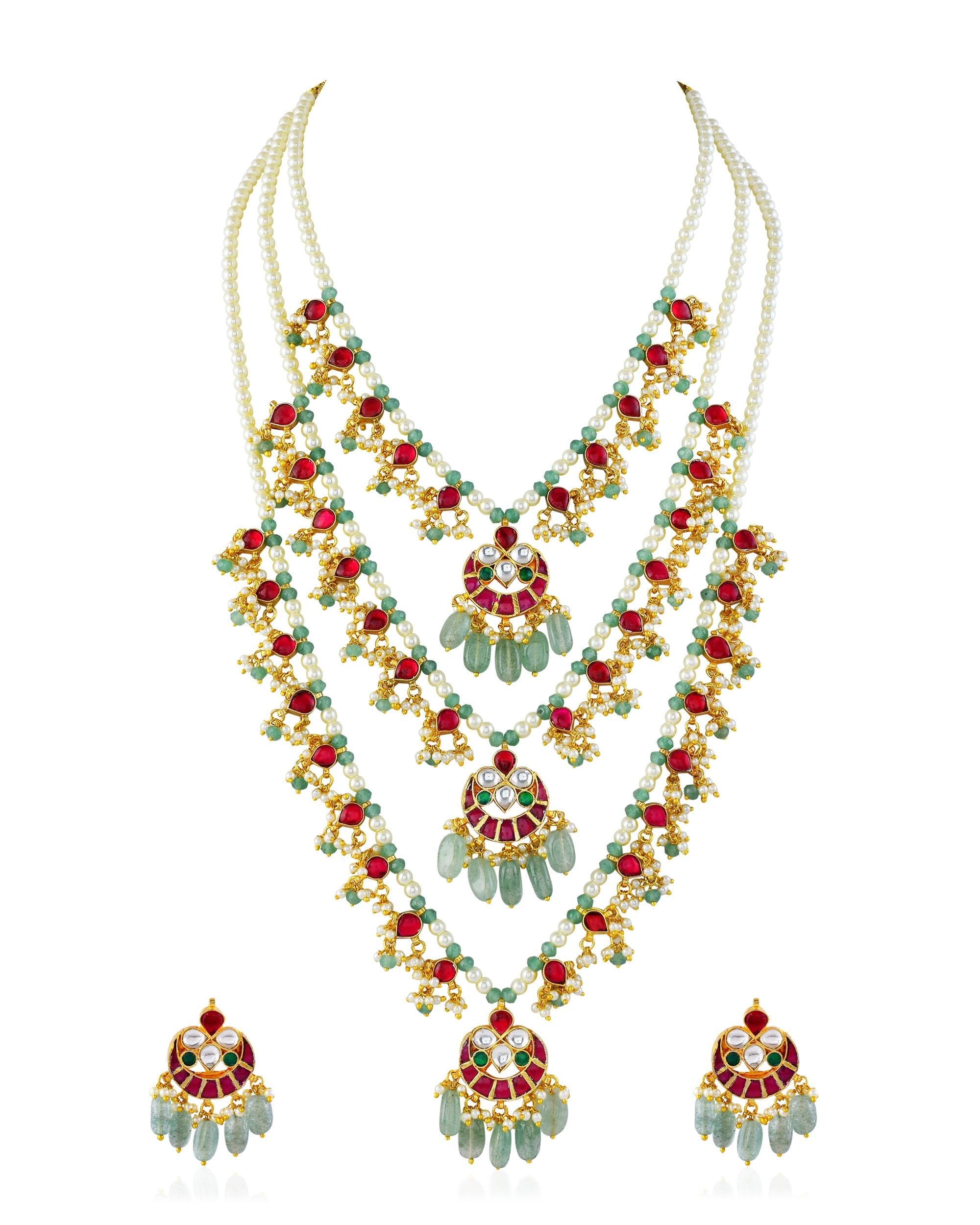 Heritage Panchlada Style Multi-Layer Necklace Set with Sage Green Ruby Accents
