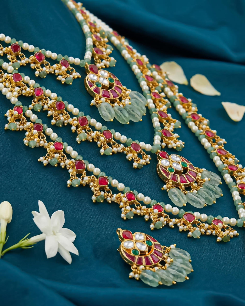 Heritage Panchlada Style Multi-Layer Necklace Set with Sage Green Ruby Accents