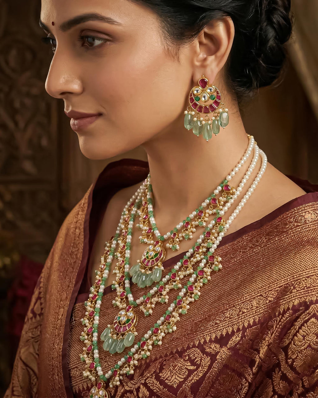 Heritage Panchlada Style Multi-Layer Necklace Set with Sage Green Ruby Accents