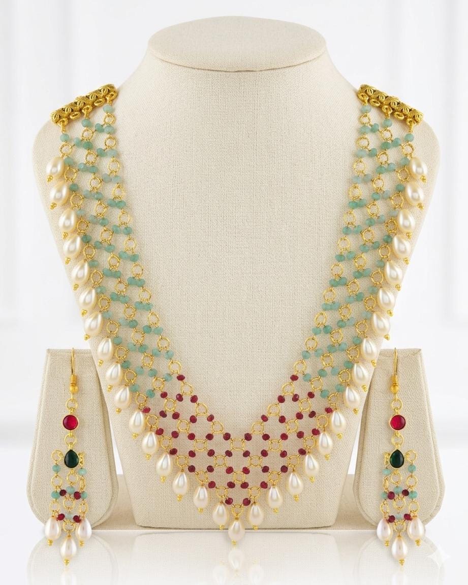 Royal Ruby, Emerald, and Pearl Cascading Chain Necklace and Earring Set