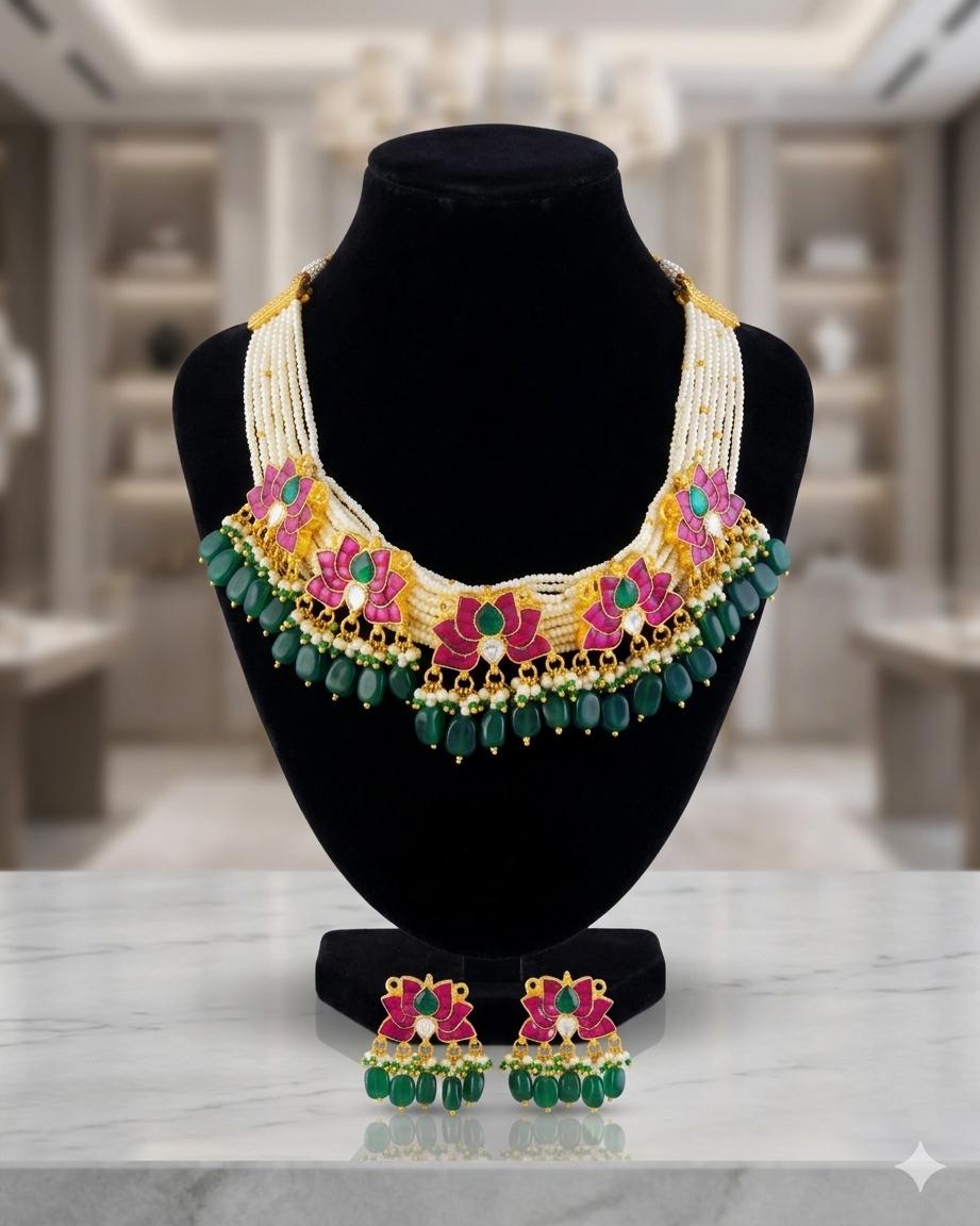 Handcrafted Kamal Pachi Kundan Choker Set: Pink Enamel, Emerald Drops, Pearl Necklace
