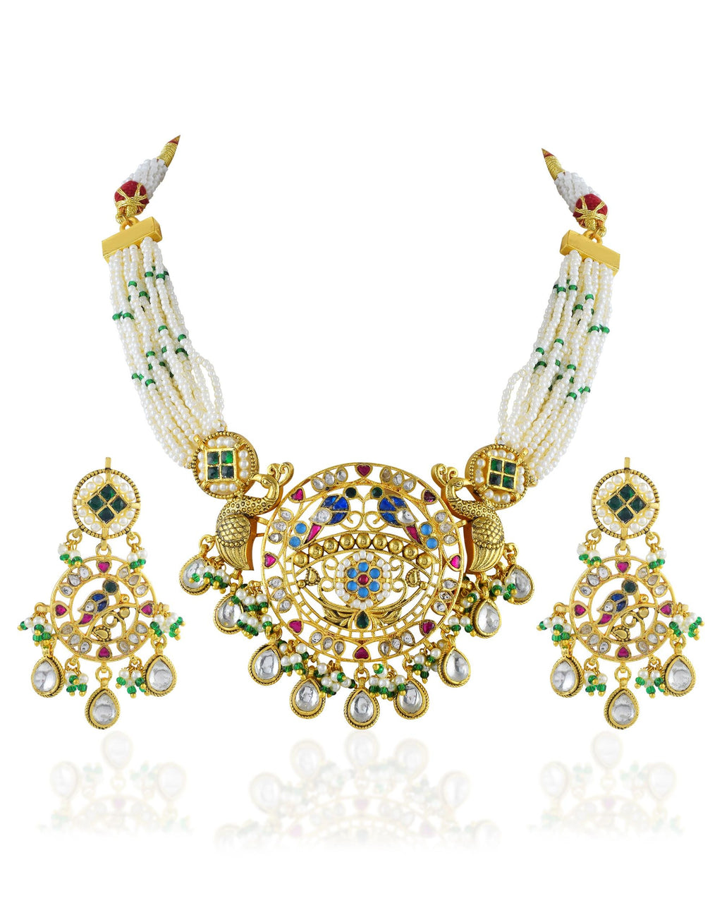 Royal Meenakari Peacock & Pachi Kundan Statement Mala Set with Multi-Strand Pearls