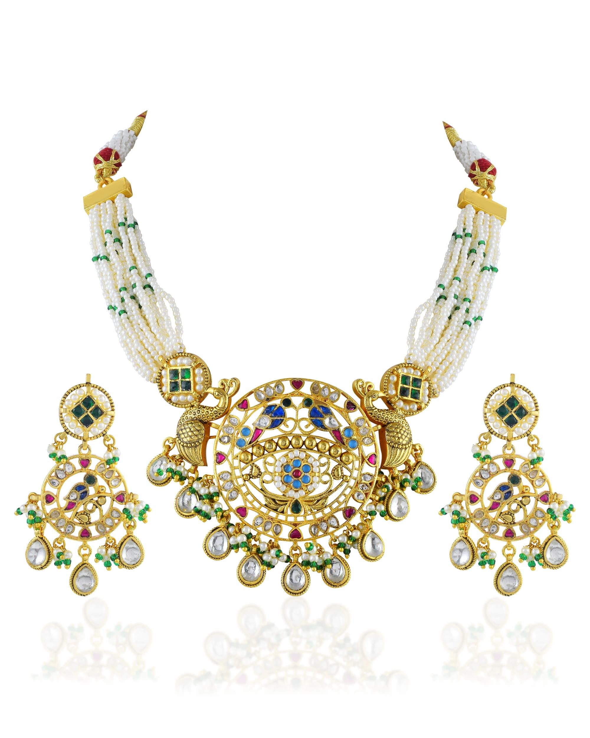 Royal Meenakari Peacock & Pachi Kundan Statement Mala Set with Multi-Strand Pearls