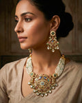 Royal Meenakari Peacock & Pachi Kundan Statement Mala Set with Multi-Strand Pearls