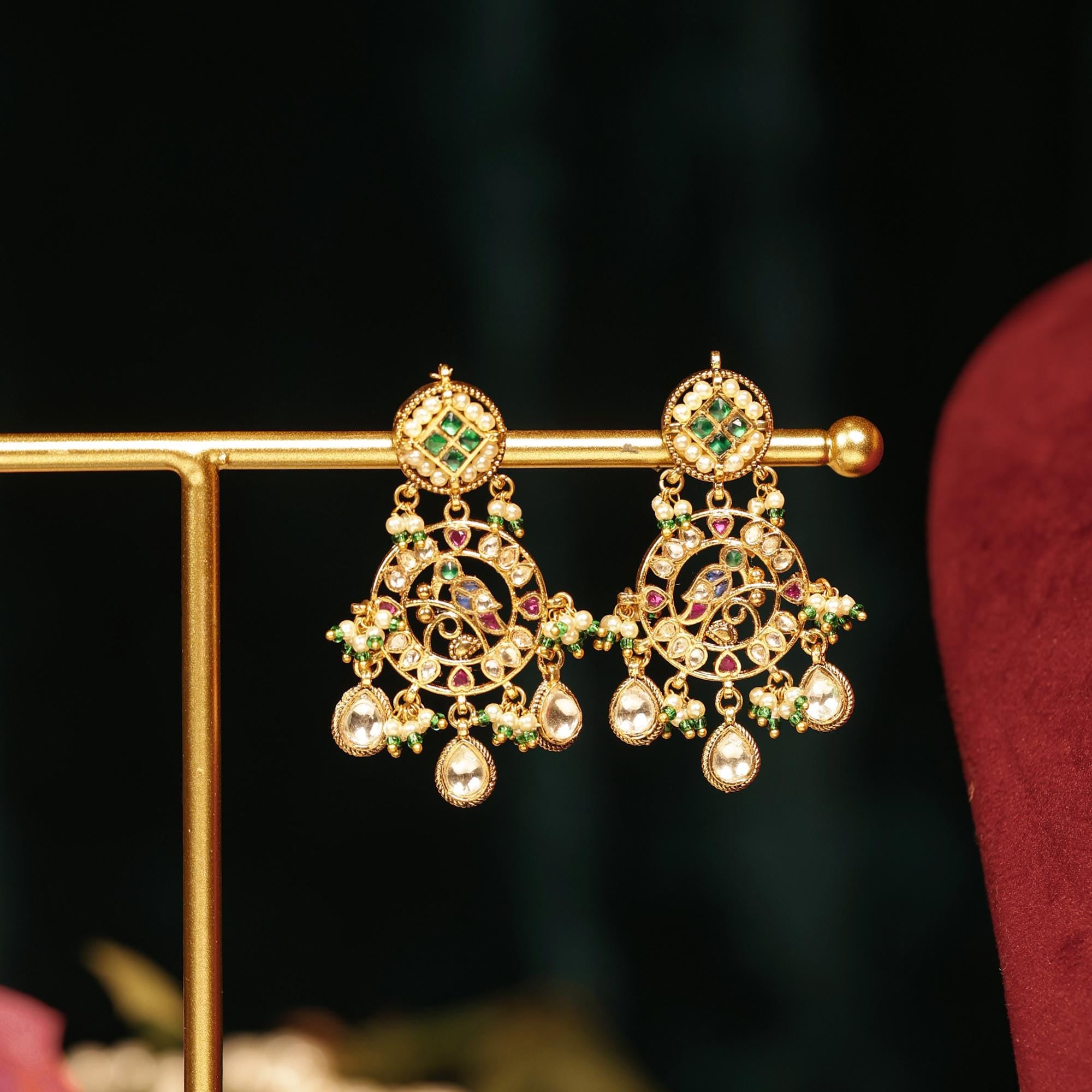 Royal Meenakari Peacock & Pachi Kundan Statement Mala Set with Multi-Strand Pearls