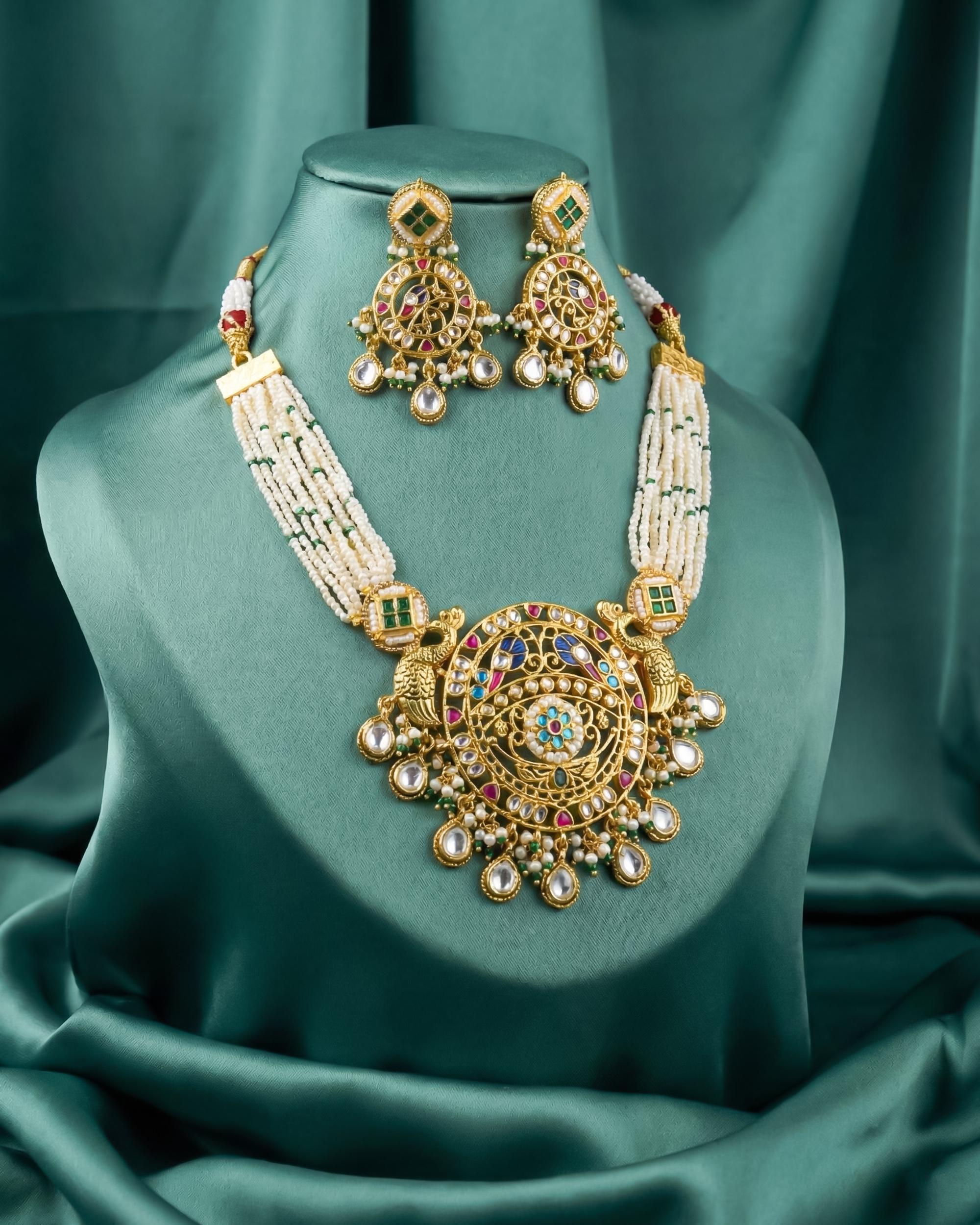 Royal Meenakari Peacock & Pachi Kundan Statement Mala Set with Multi-Strand Pearls