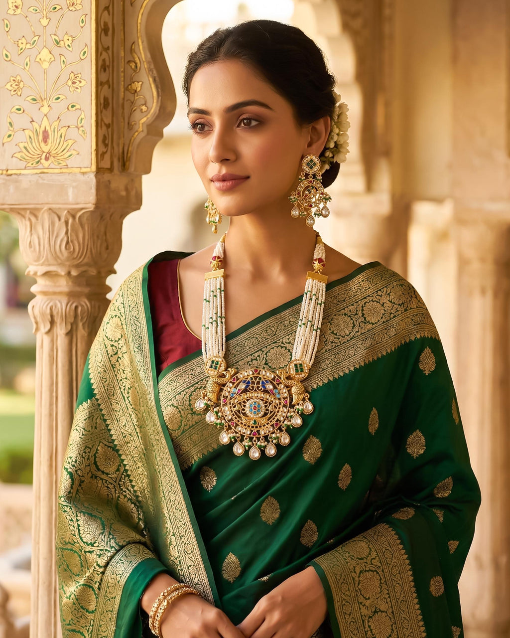 Royal Meenakari Peacock & Pachi Kundan Statement Mala Set with Multi-Strand Pearls