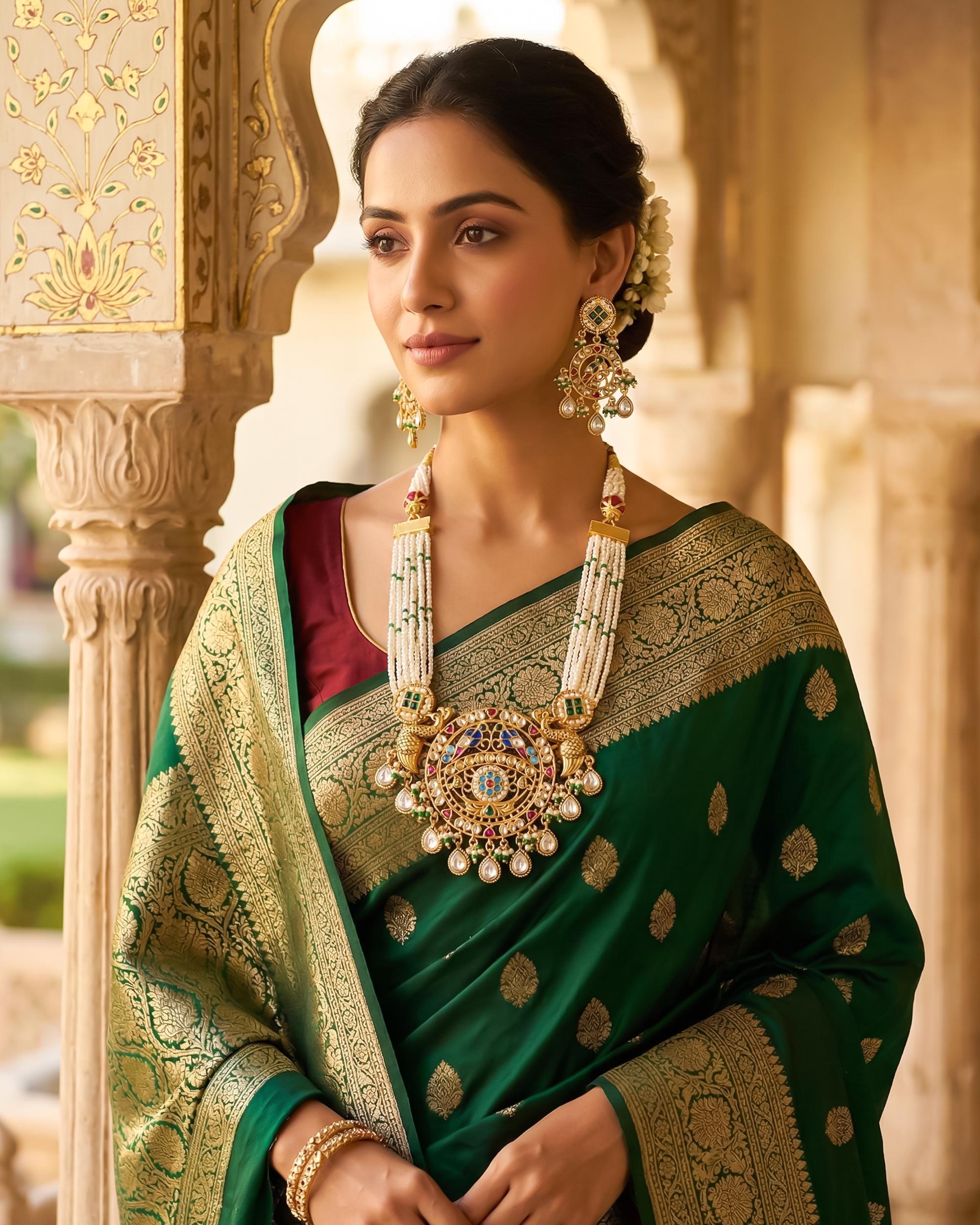 Royal Meenakari Peacock & Pachi Kundan Statement Mala Set with Multi-Strand Pearls