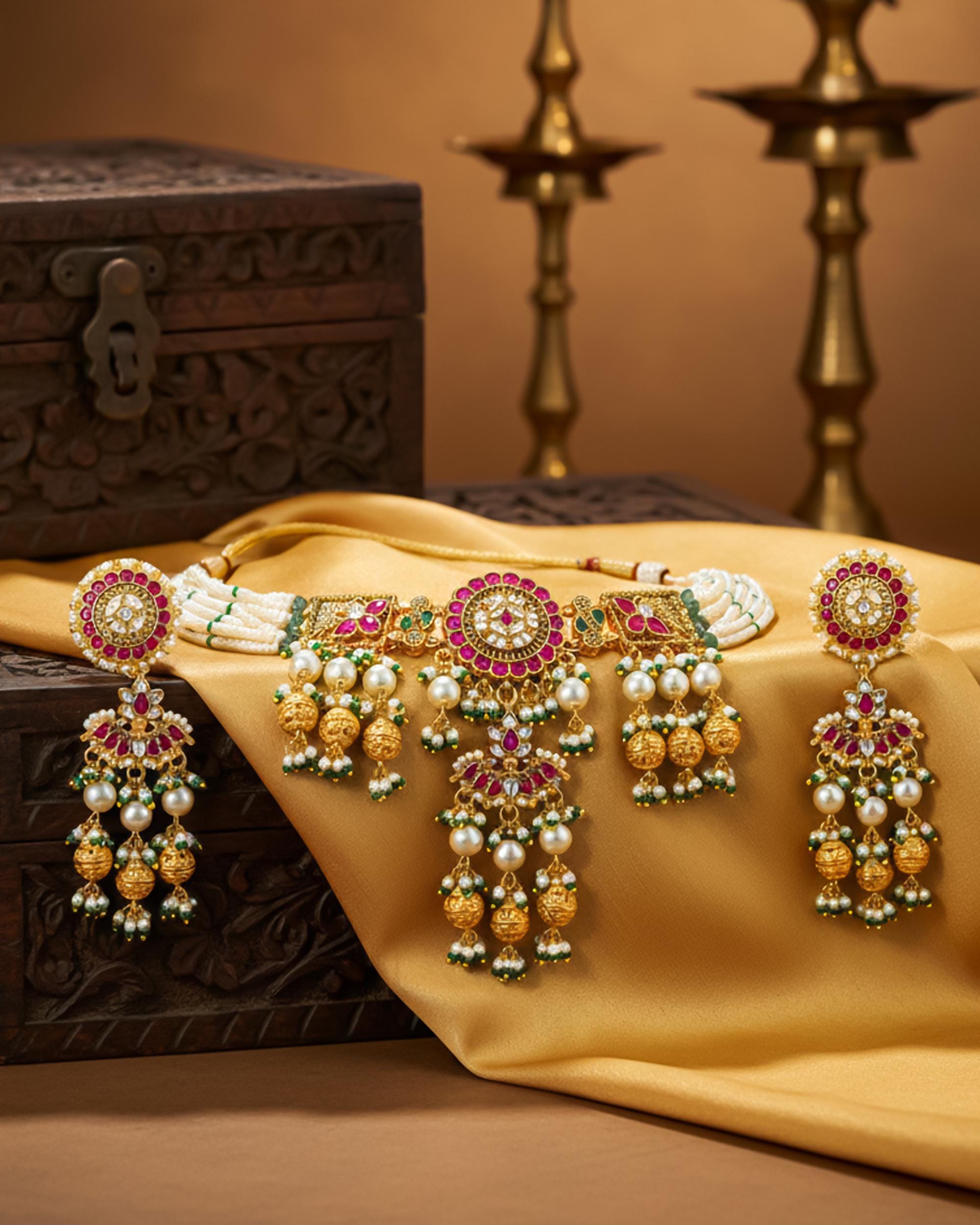 Elegant Royal Pachi Kundan & Pearl Choker Necklace Set with Lotus Motif Centerpiece