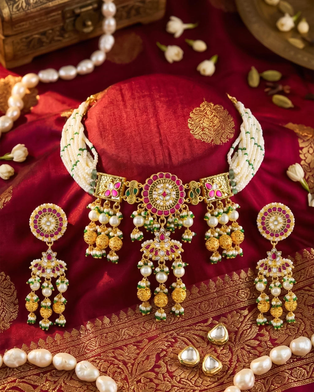 Elegant Royal Pachi Kundan & Pearl Choker Necklace Set with Lotus Motif Centerpiece