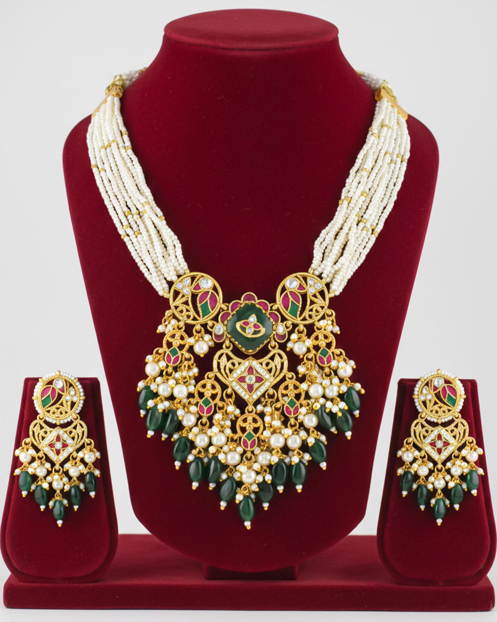 Royal Meenakari Peacock & Pachi Kundan Statement Mala Set with Forest Green Drops