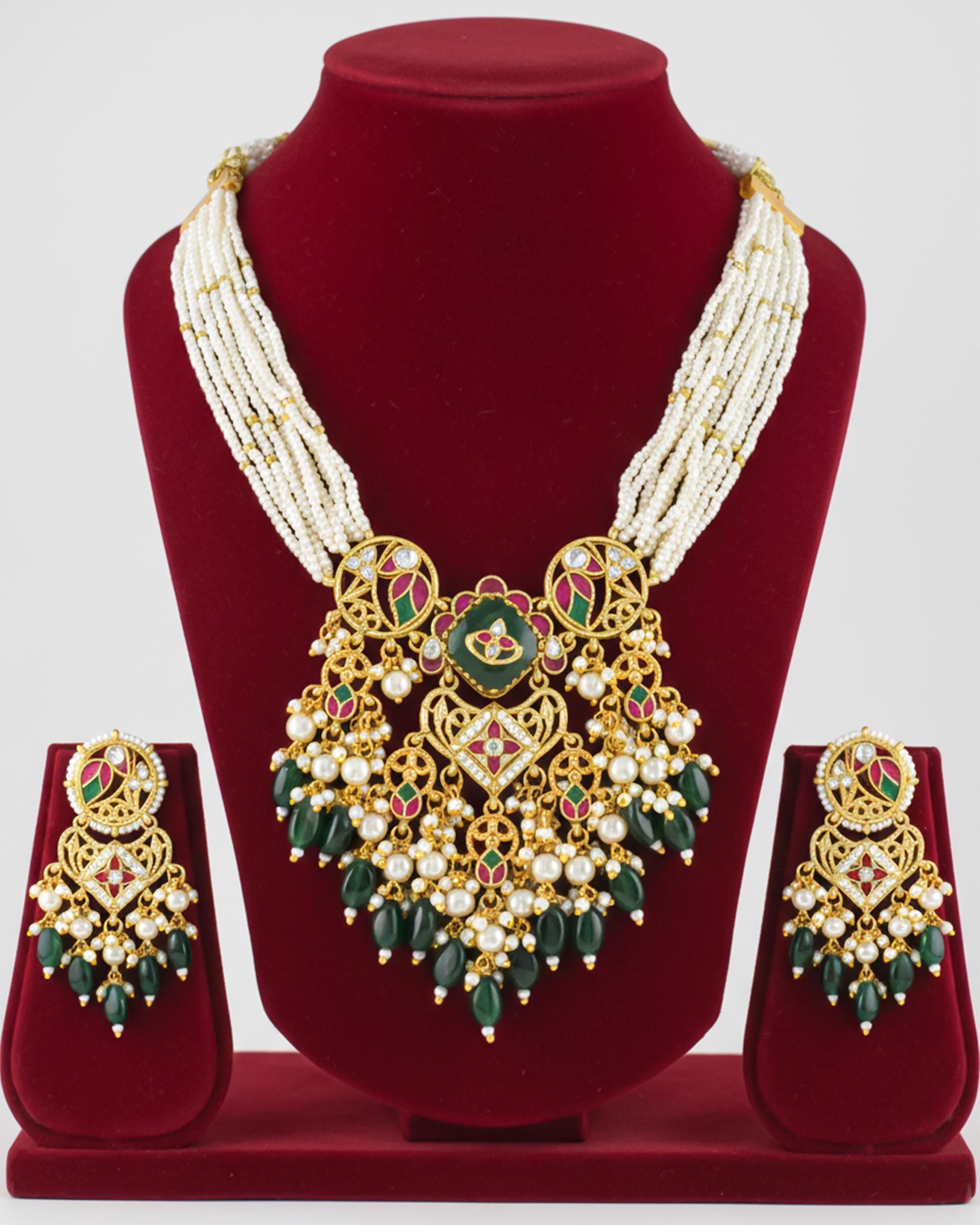 Royal Meenakari Peacock & Pachi Kundan Statement Mala Set with Forest Green Drops