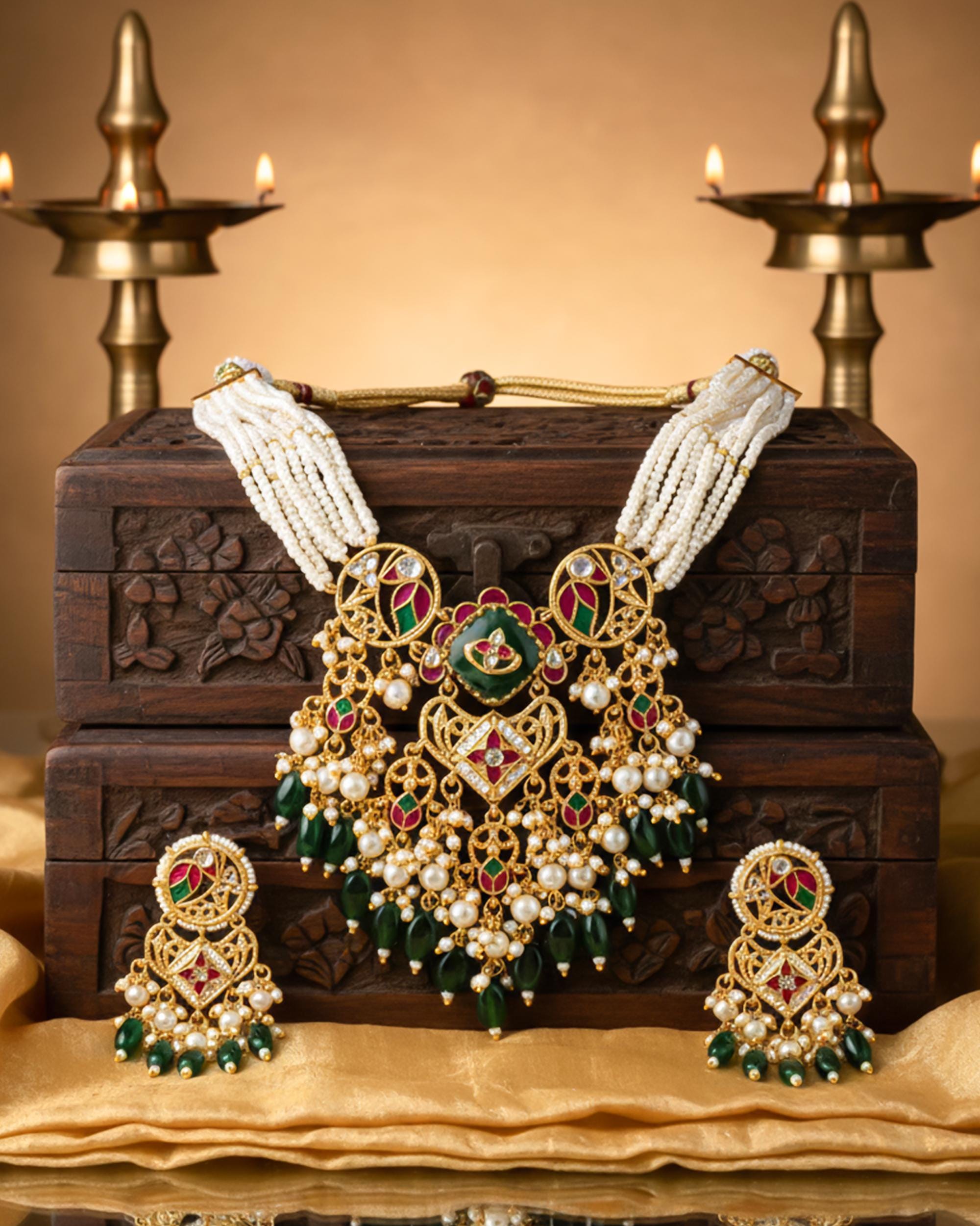 Royal Meenakari Peacock & Pachi Kundan Statement Mala Set with Forest Green Drops