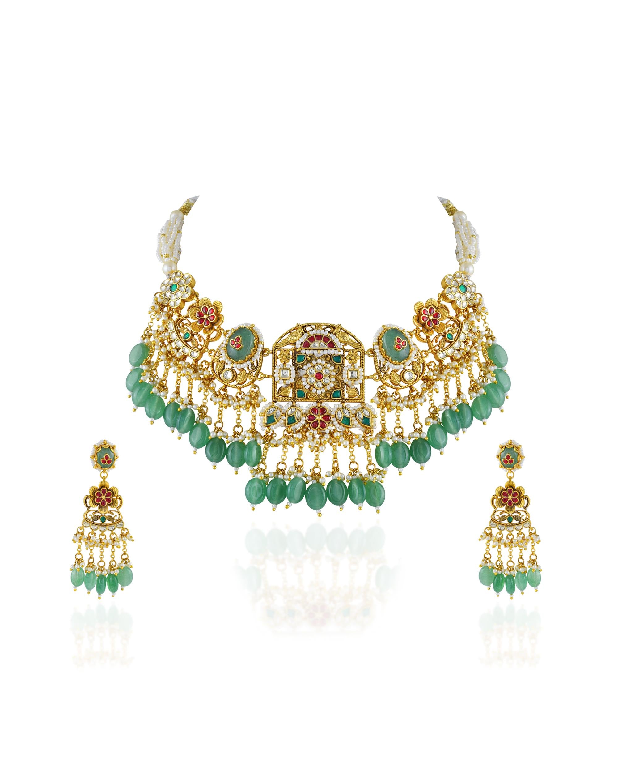 Royal Jadau Jhumka Choker Set with Mint Green Gemstone Drops