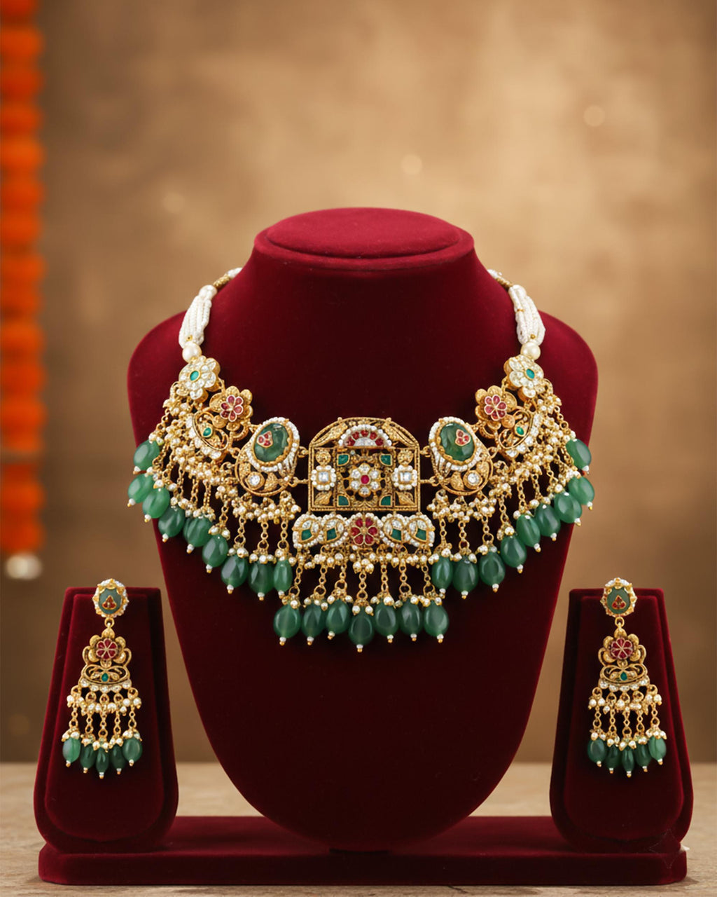 Royal Jadau Jhumka Choker Set with Mint Green Gemstone Drops