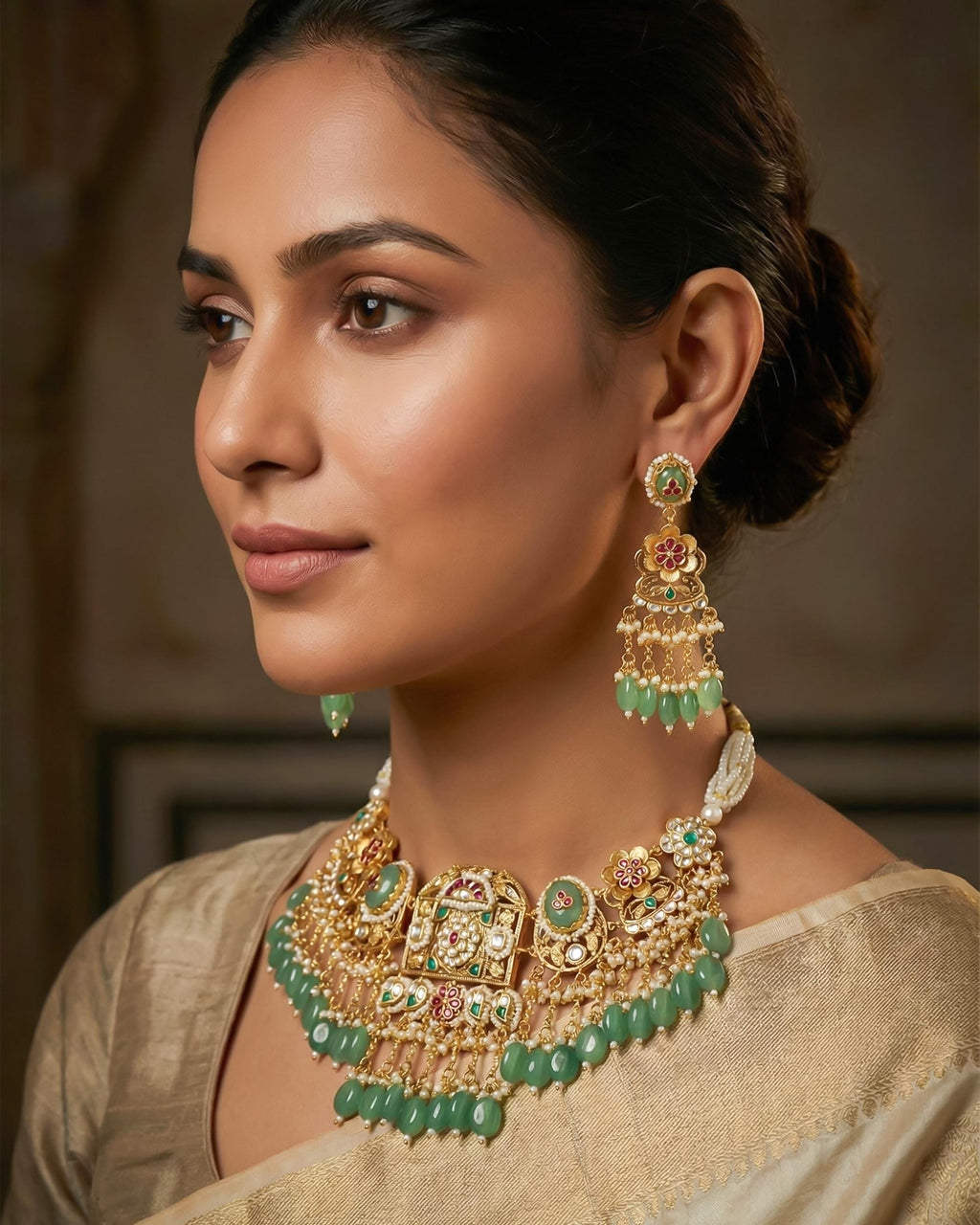Royal Jadau Jhumka Choker Set with Mint Green Gemstone Drops