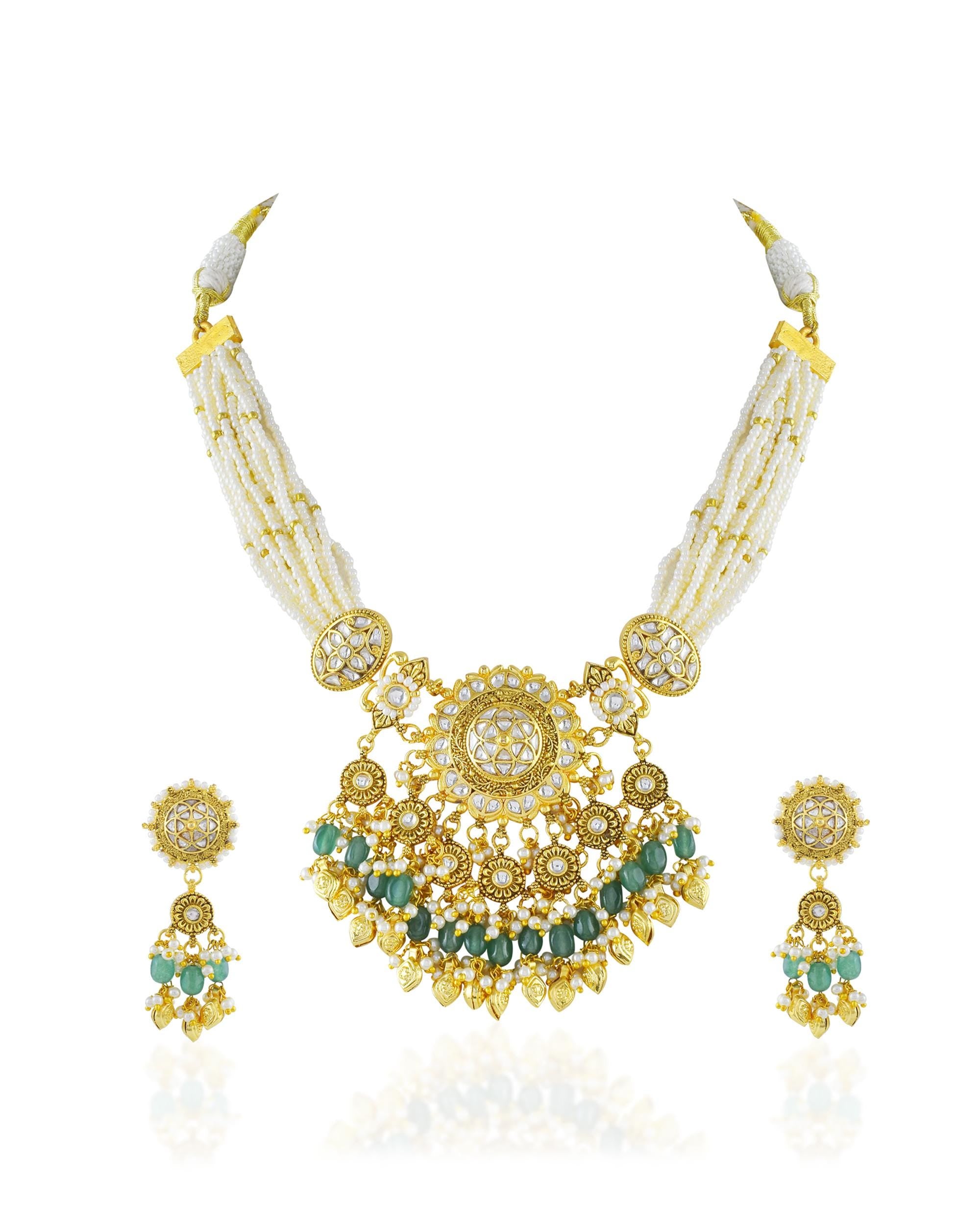 Royal Antique Gold Pachi Kundan Medallion Mala Set with Sage Green Accents