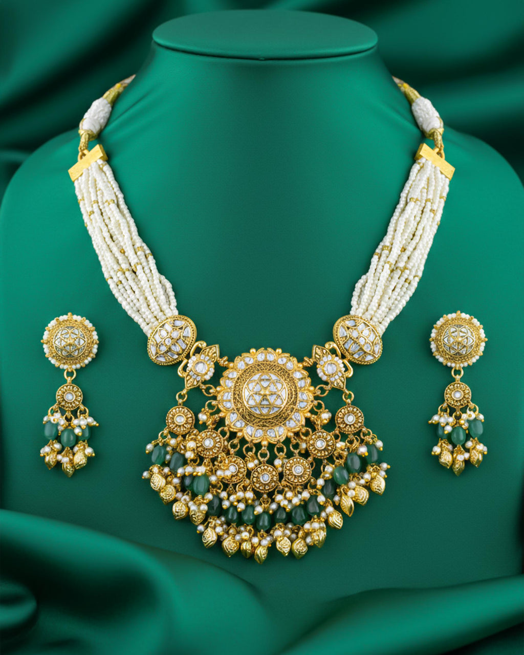 Royal Antique Gold Pachi Kundan Medallion Mala Set with Sage Green Accents