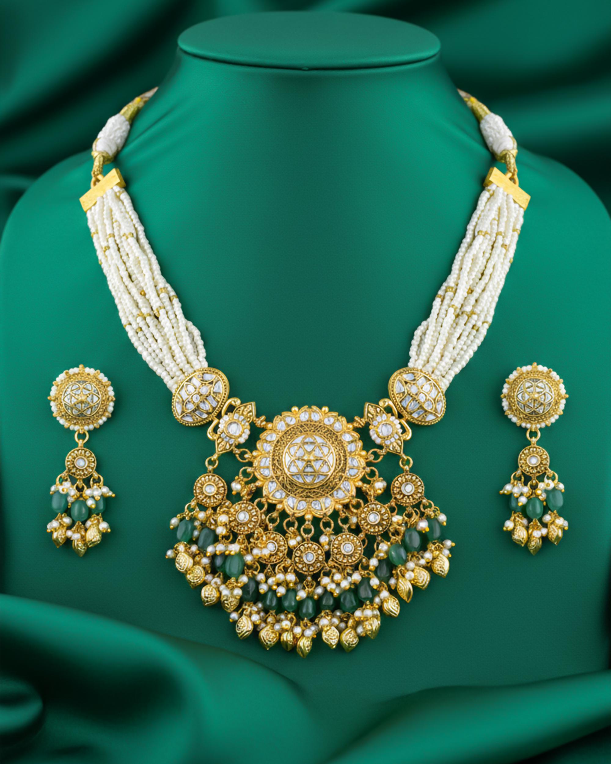Royal Antique Gold Pachi Kundan Medallion Mala Set with Sage Green Accents