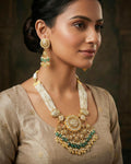 Royal Antique Gold Pachi Kundan Medallion Mala Set with Sage Green Accents
