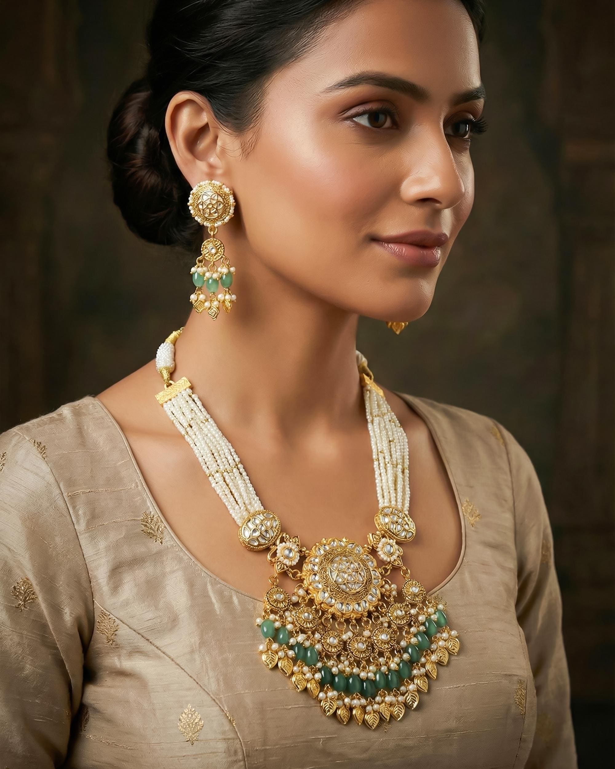 Royal Antique Gold Pachi Kundan Medallion Mala Set with Sage Green Accents