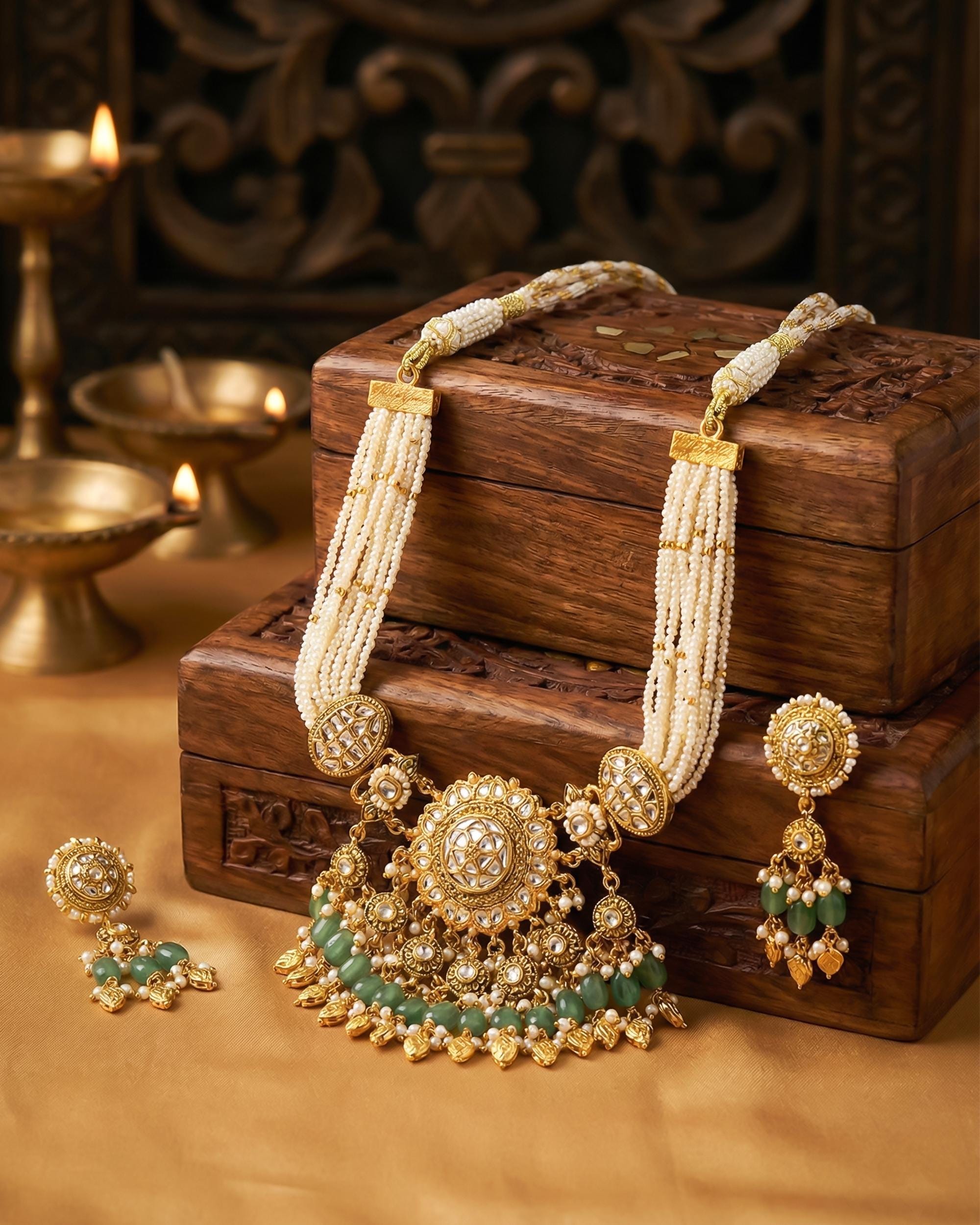 Royal Antique Gold Pachi Kundan Medallion Mala Set with Sage Green Accents