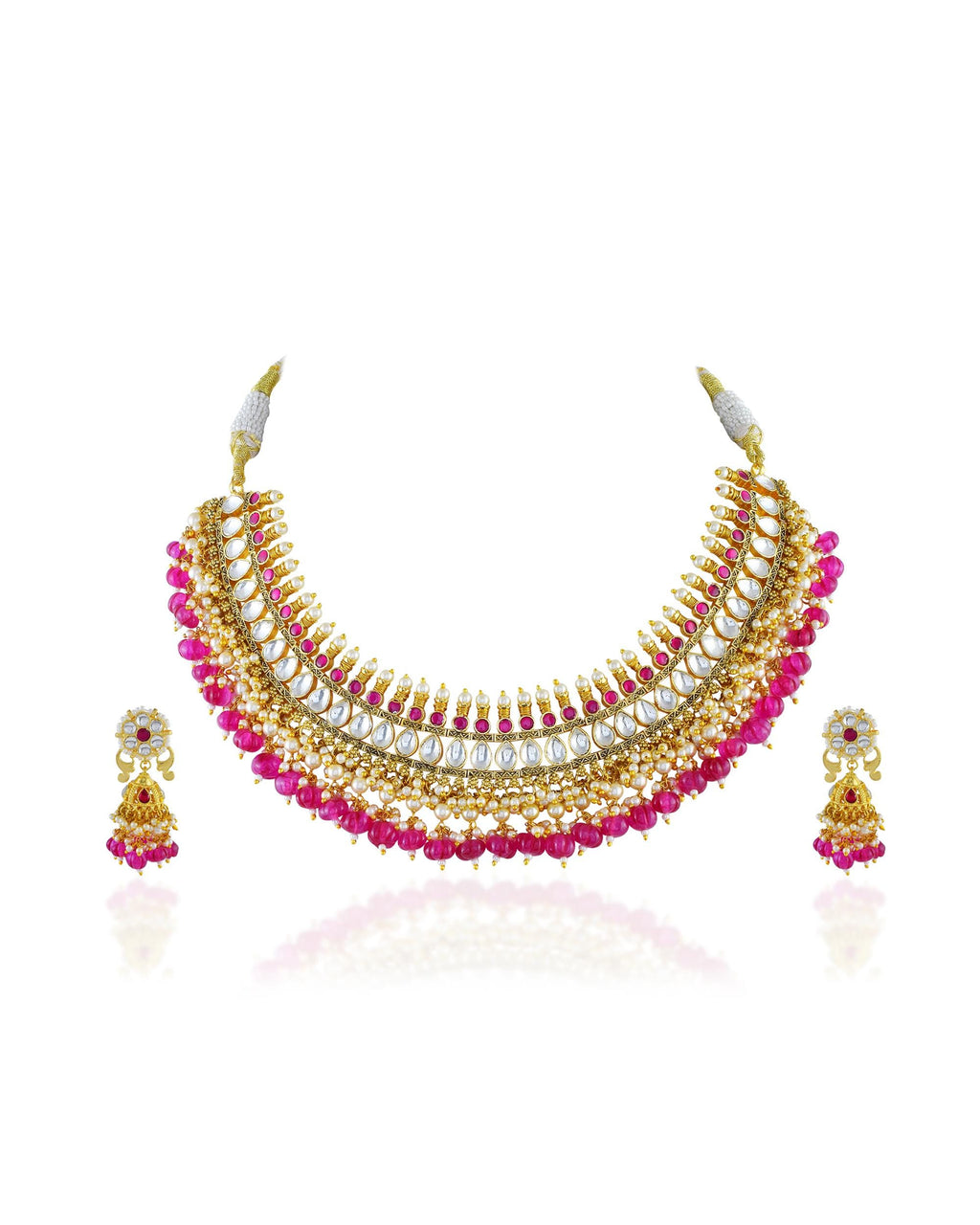 Royal Crescent Hasli Choker Set with Vibrant Ruby Pink Monalisa Beads