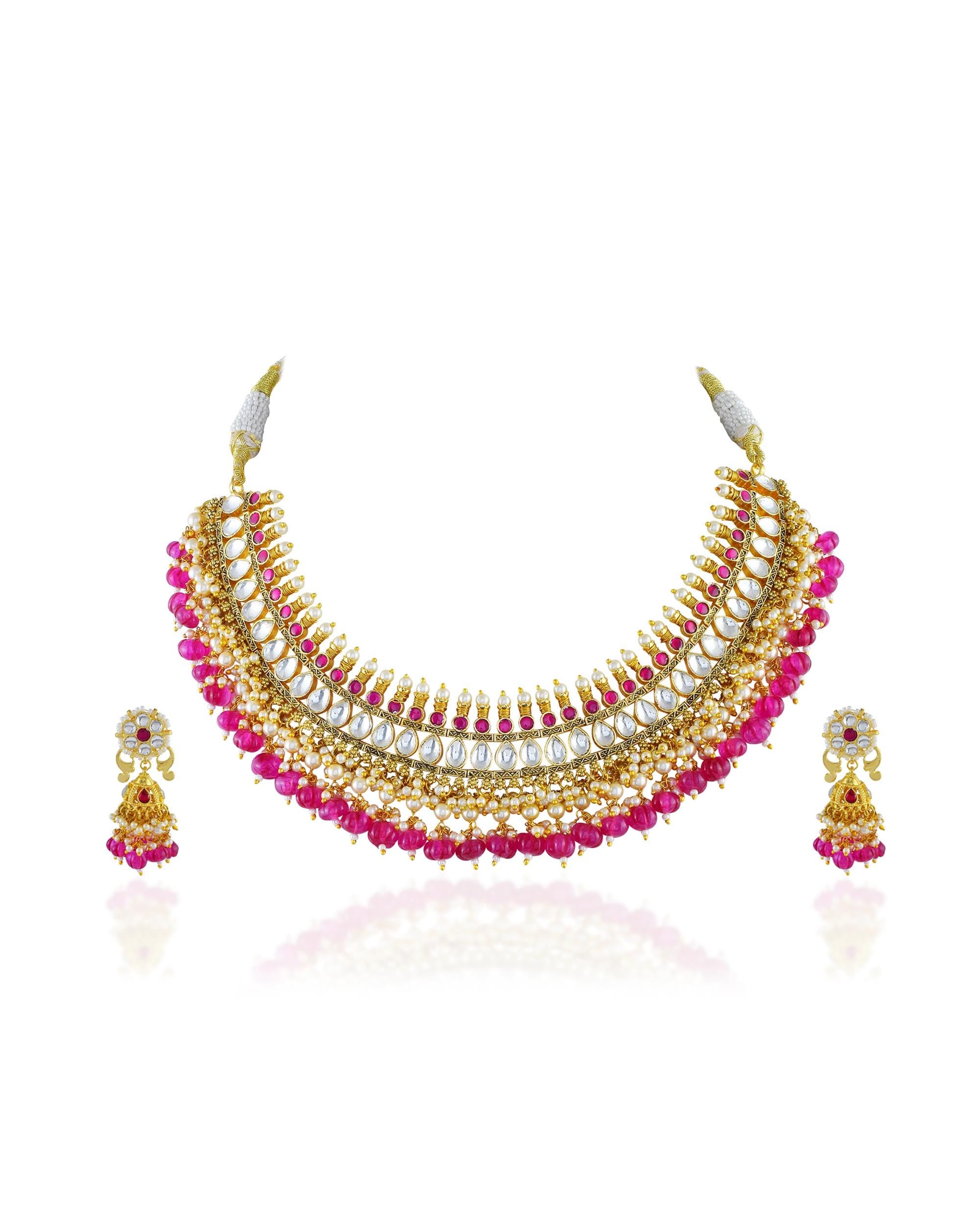 Royal Crescent Hasli Choker Set with Vibrant Ruby Pink Monalisa Beads