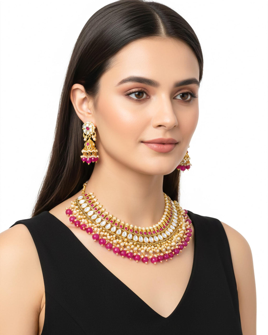 Royal Crescent Hasli Choker Set with Vibrant Ruby Pink Monalisa Beads
