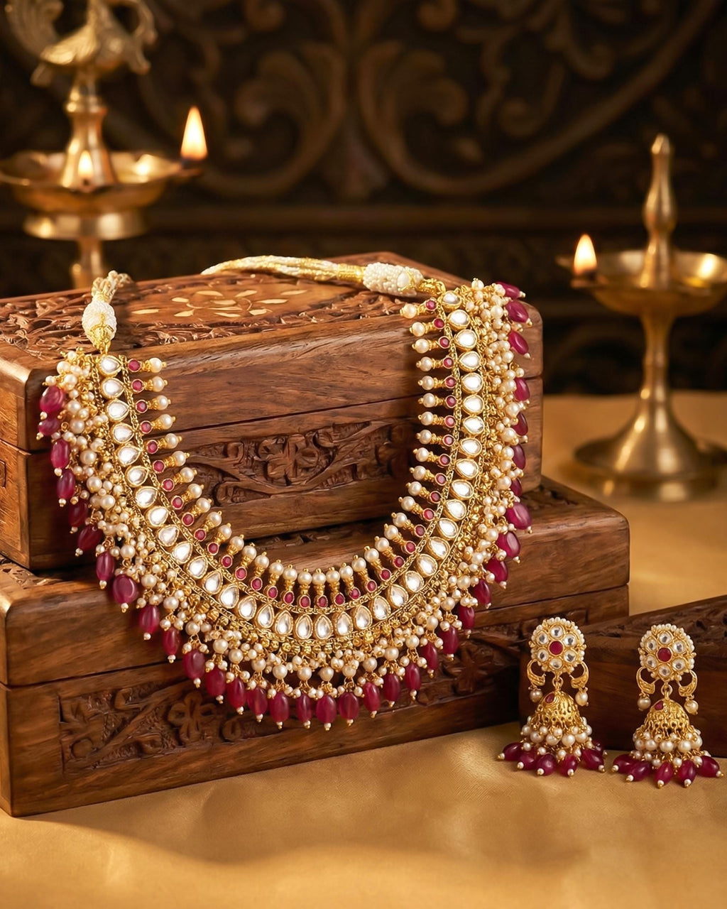 Royal Crescent Hasli Choker Set with Vibrant Ruby Pink Monalisa Beads
