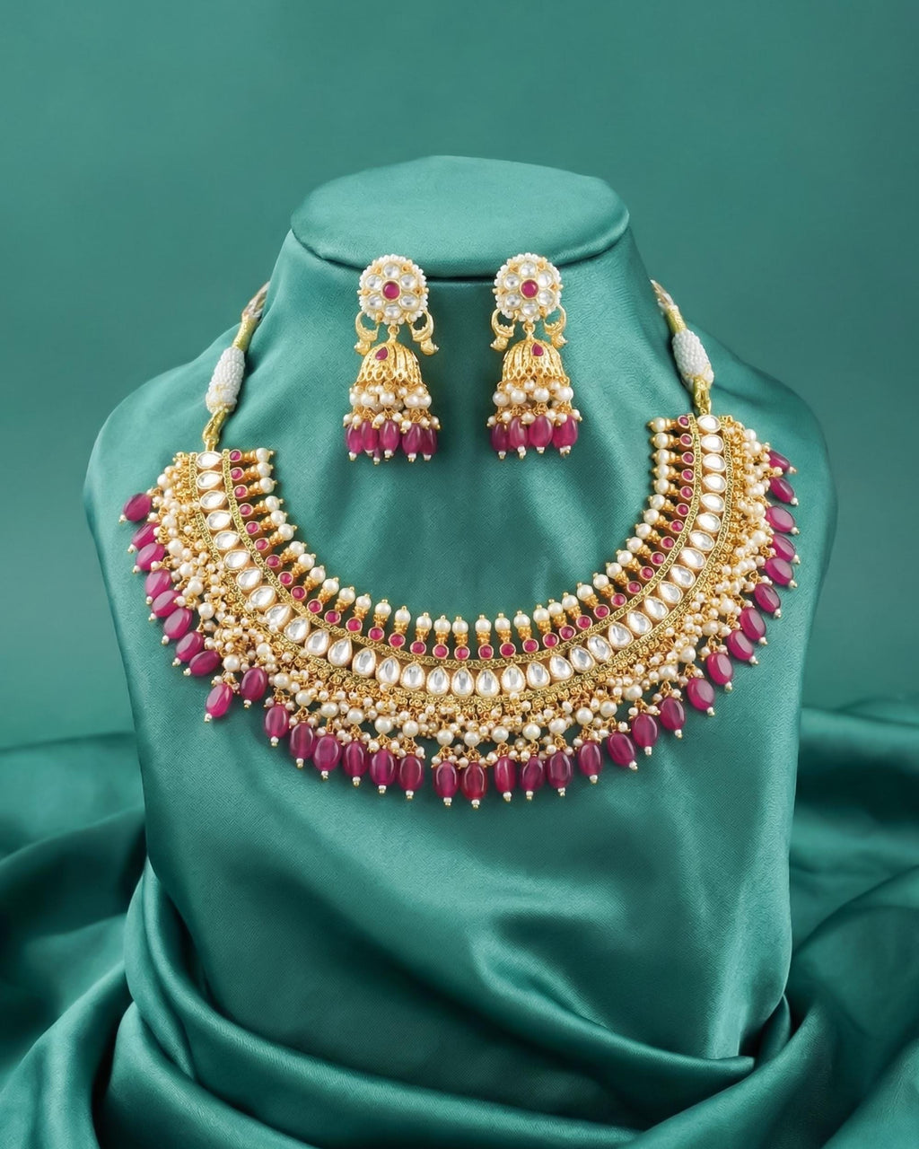 Royal Crescent Hasli Choker Set with Vibrant Ruby Pink Monalisa Beads