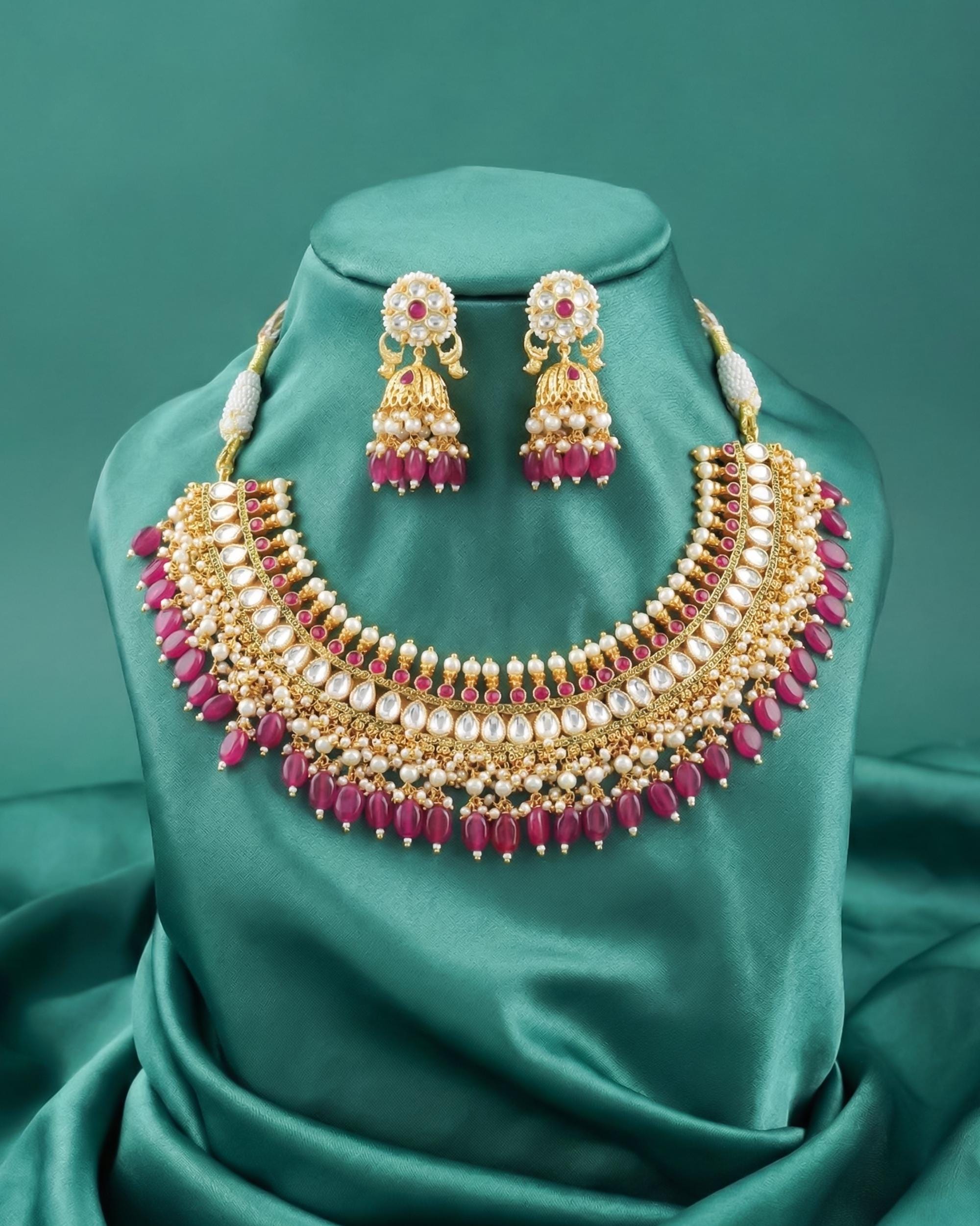 Royal Crescent Hasli Choker Set with Vibrant Ruby Pink Monalisa Beads
