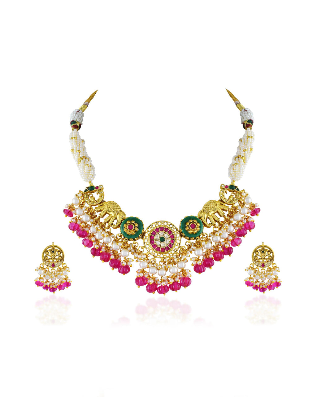 Heritage Elephant & Peacock Kundan Choker Set with Vibrant Pink Monalisa Beads
