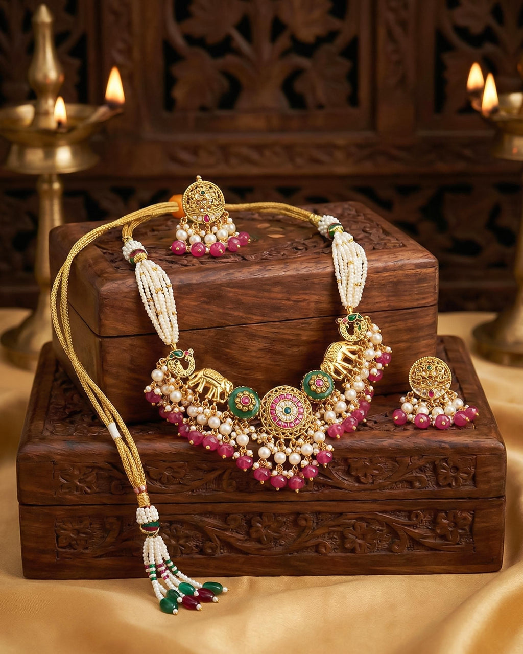 Heritage Elephant & Peacock Kundan Choker Set with Vibrant Pink Monalisa Beads