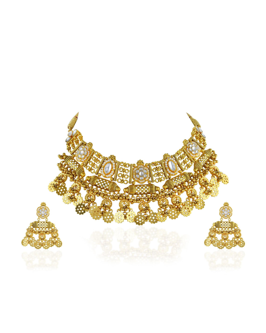 Royal Antique Gold Mesh Choker Set with Floral Coin Clusters