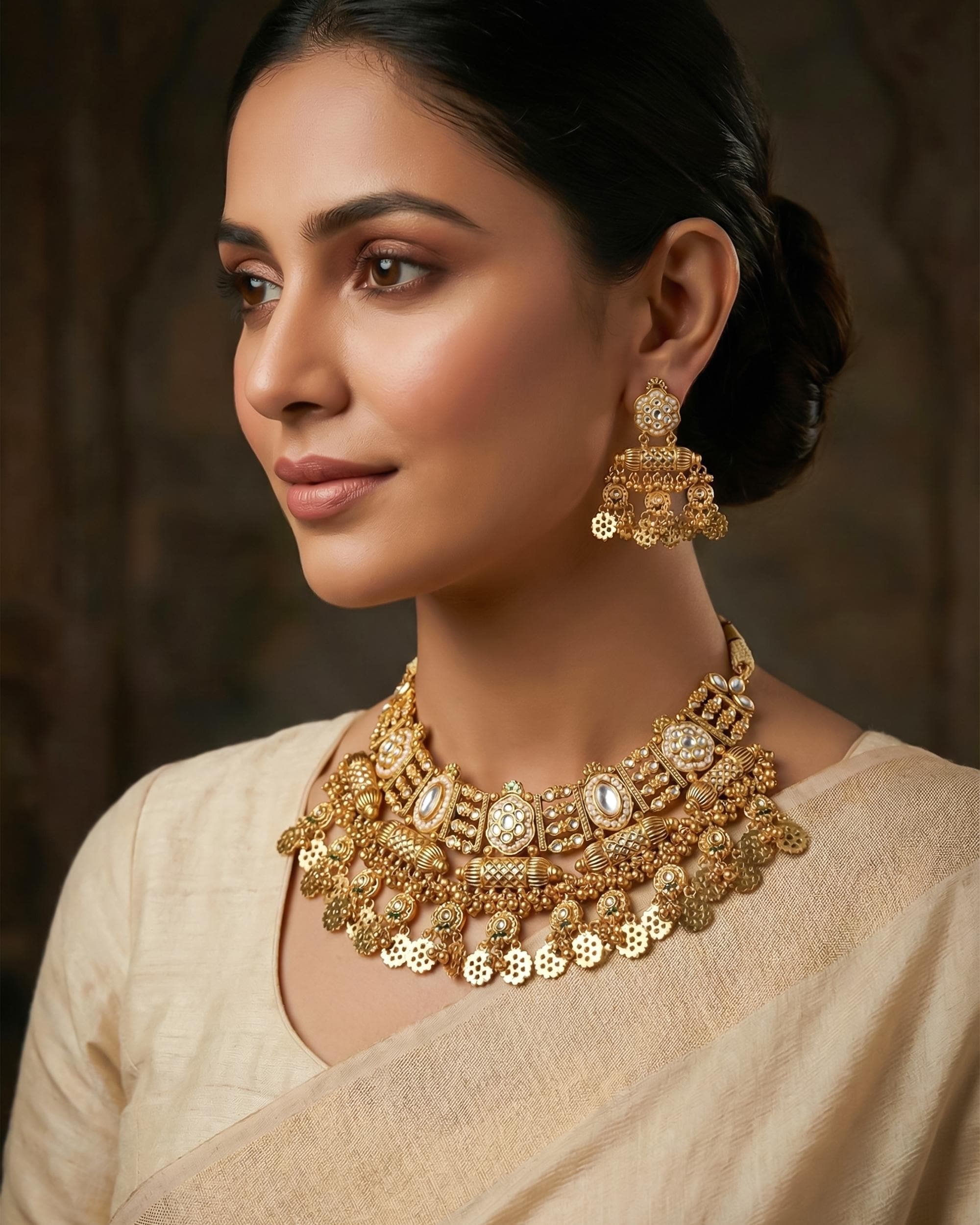 Royal Antique Gold Mesh Choker Set with Floral Coin Clusters